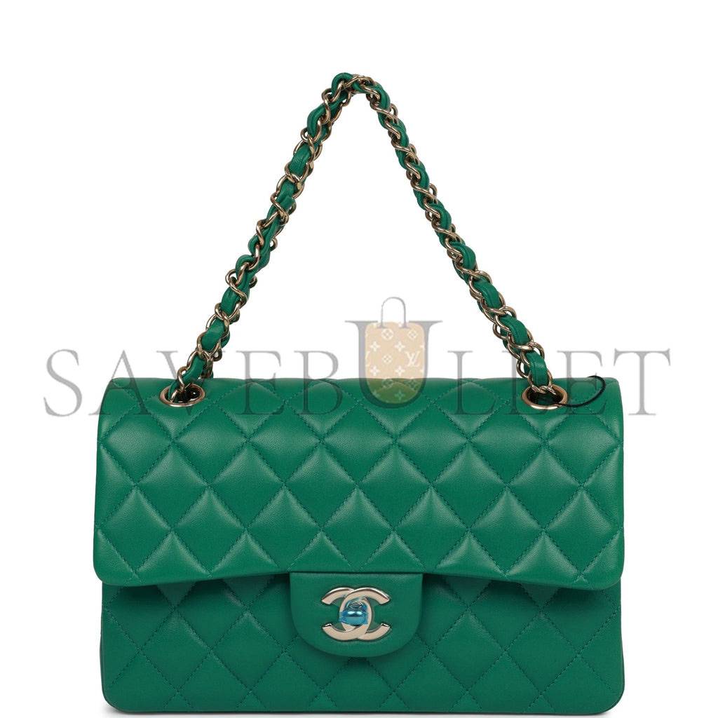 Ch*el small classic double flap bag green lambskin light gold hardware (23*13*6cm)