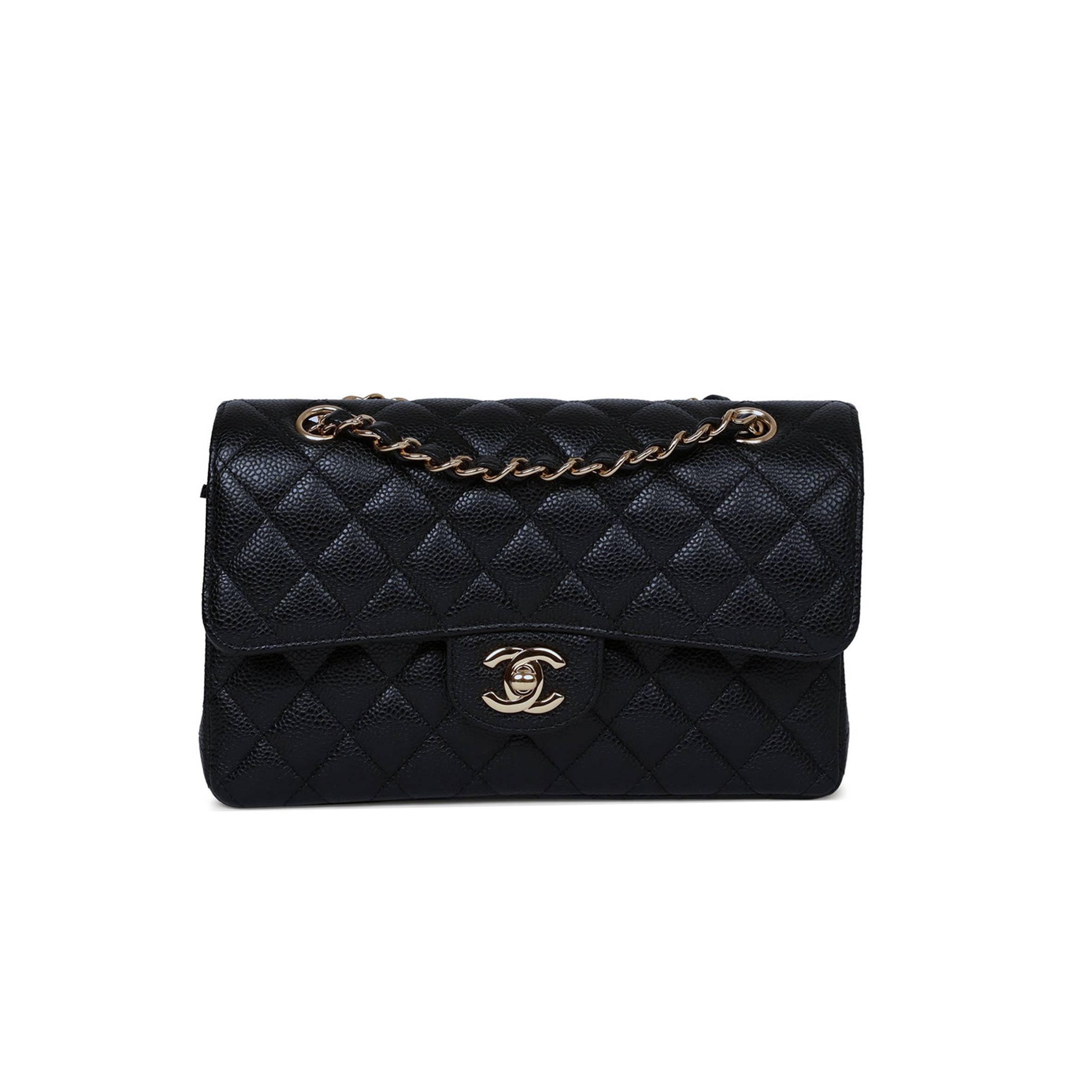 Ch*el small classic double flap bag black caviar gold hardware (23*15*6cm)