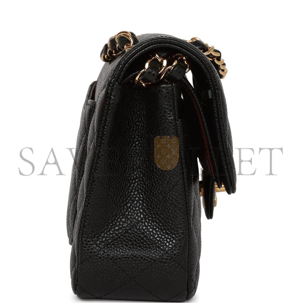 Ch*el small classic double flap bag black caviar gold hardware (23*15*6cm)