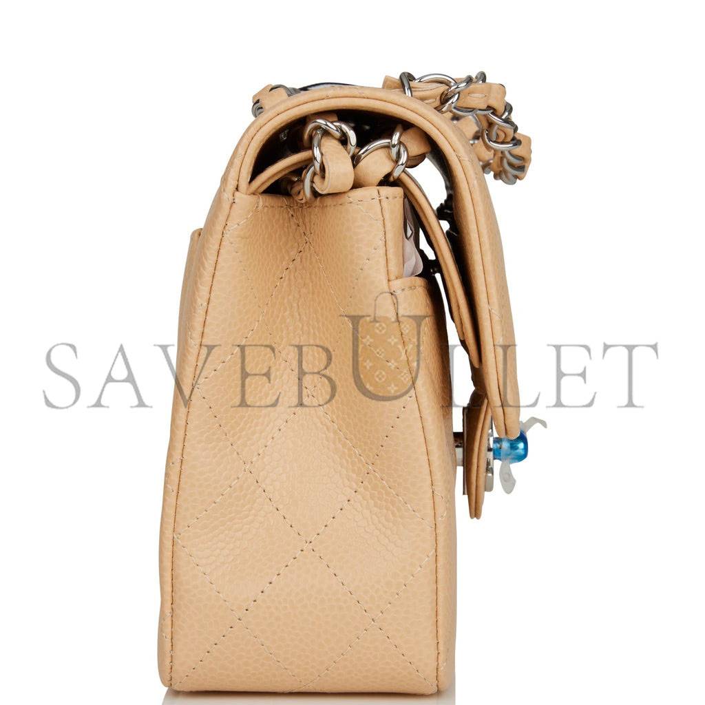 Ch*el small classic double flap bag beige caviar silver hardware (23*13*6cm)