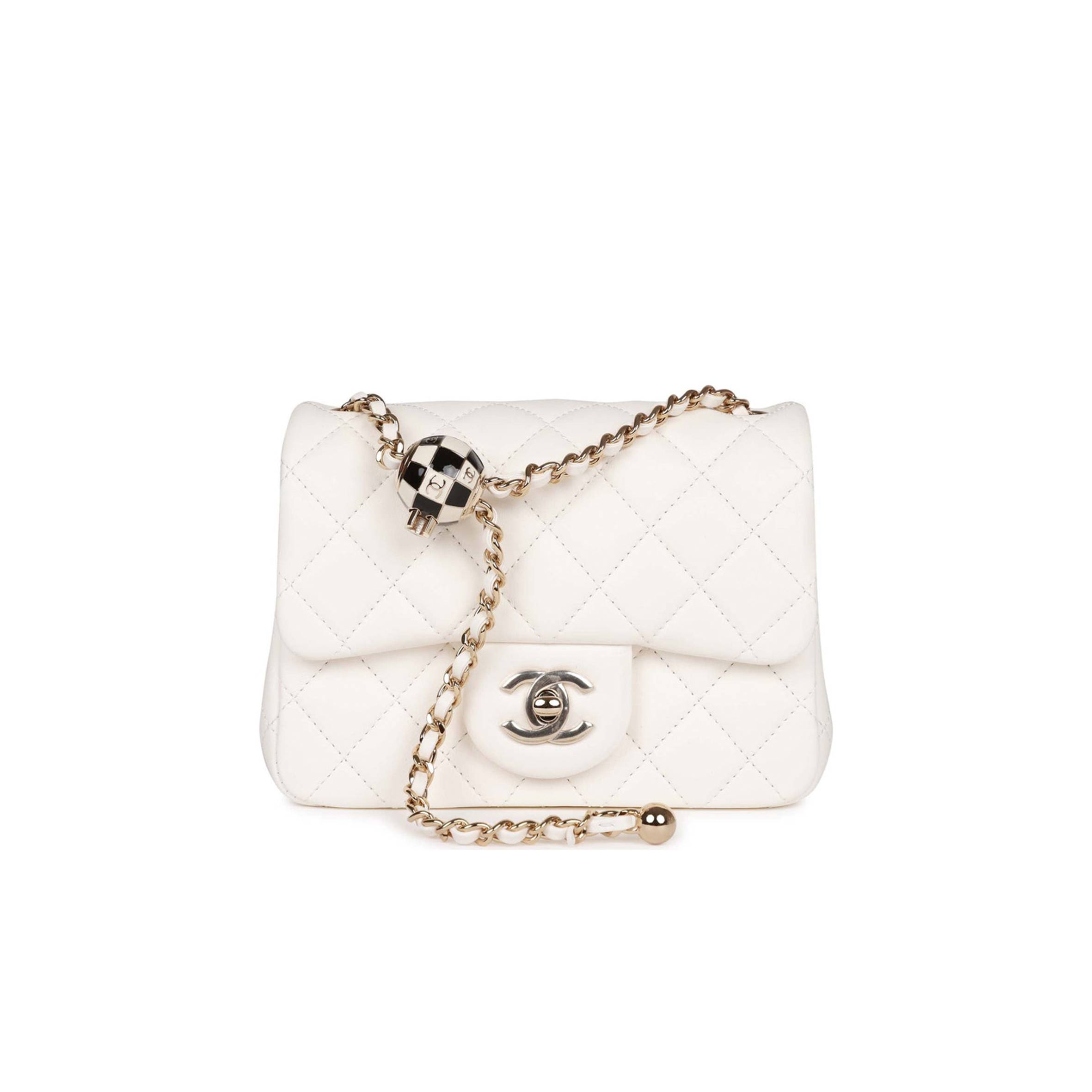 Ch*el pearl crush mini square flap bag white lambskin light gold hardware (17*14*8cm)