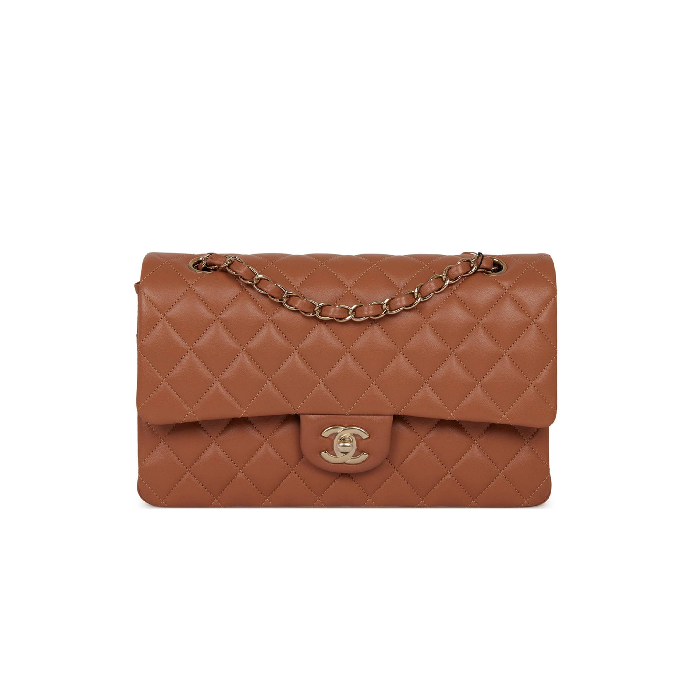 Ch*el medium classic double flap bag caramel lambskin light gold hardware (25*15*7cm)