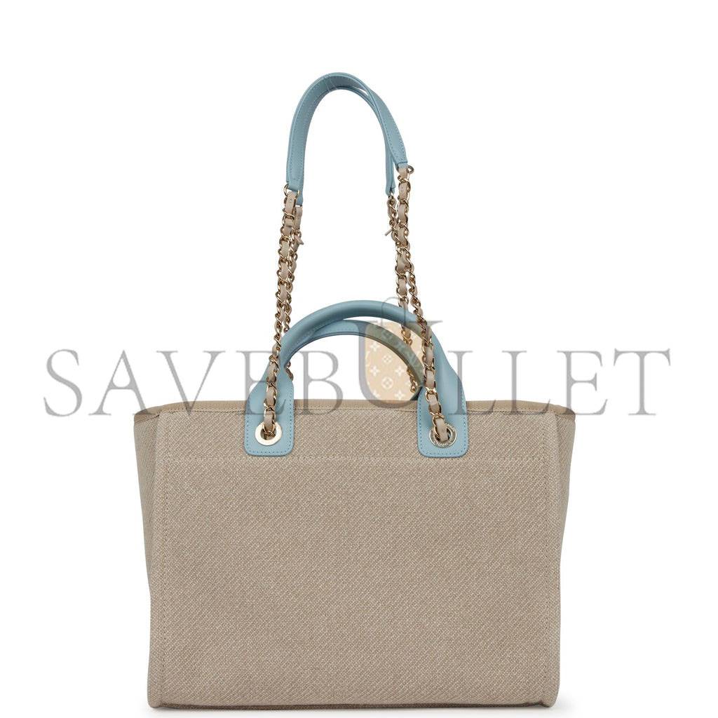 Ch*el small deauville shopping bag blue and beige boucle light gold hardware (34*27*15cm)