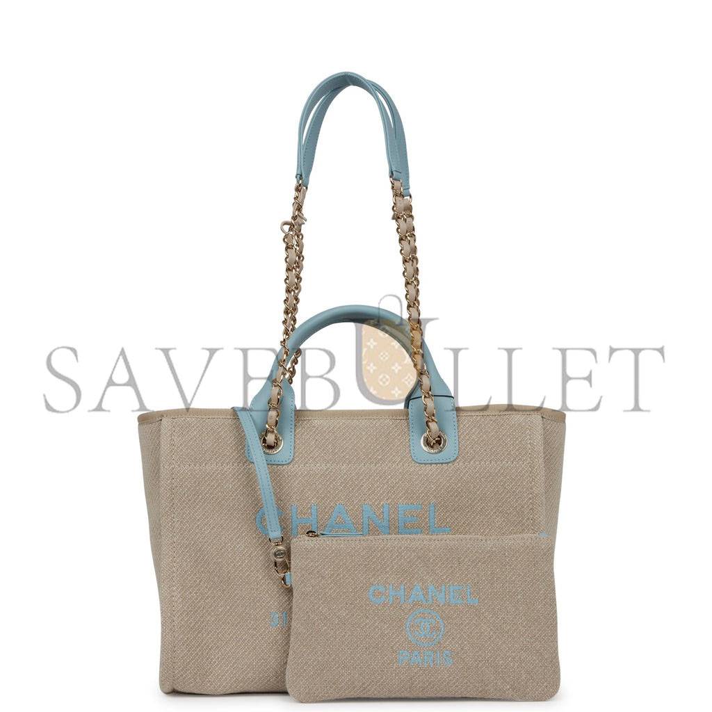 Ch*el small deauville shopping bag blue and beige boucle light gold hardware (34*27*15cm)