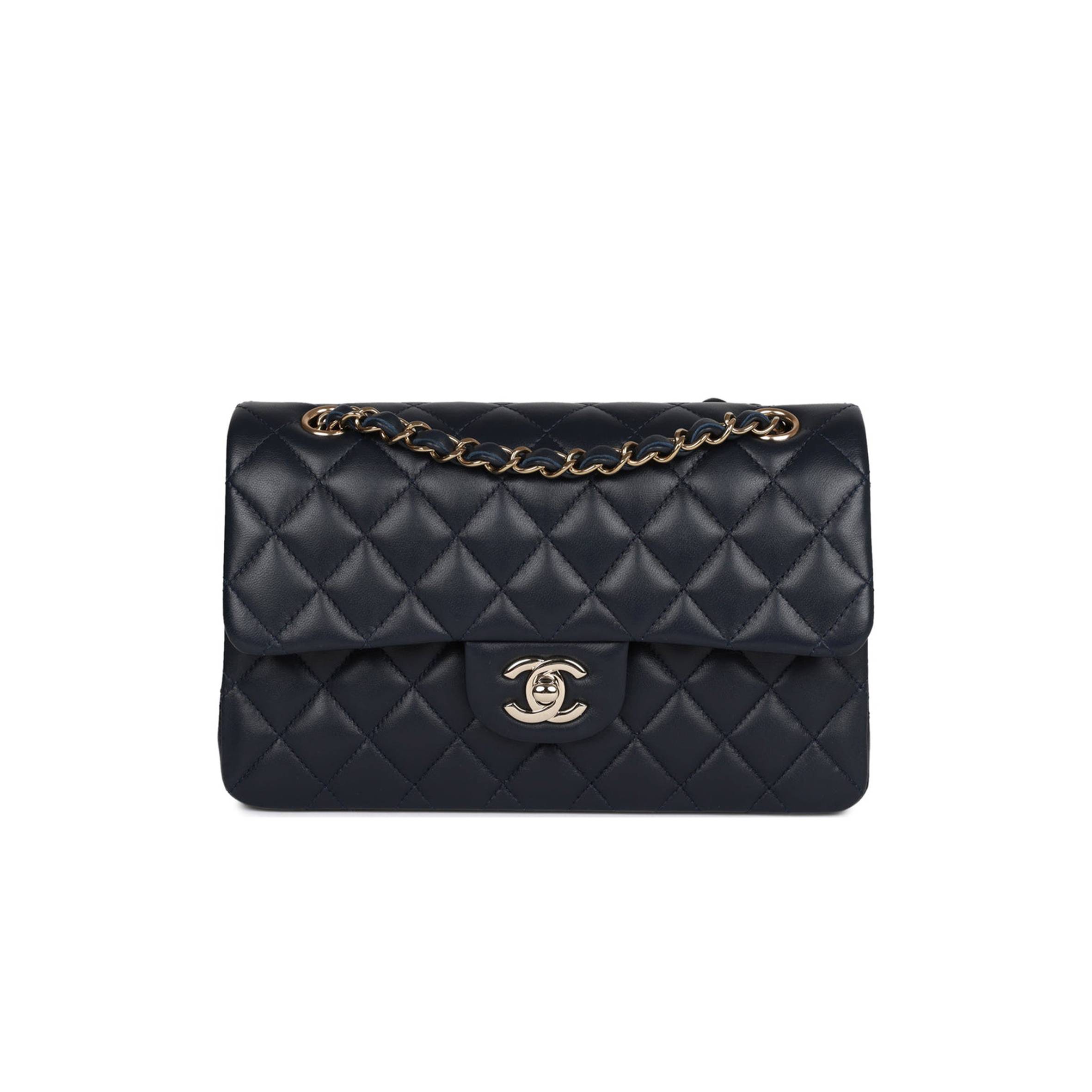 Ch*el small classic double flap navy lambskin light gold hardware (23*13*6cm)