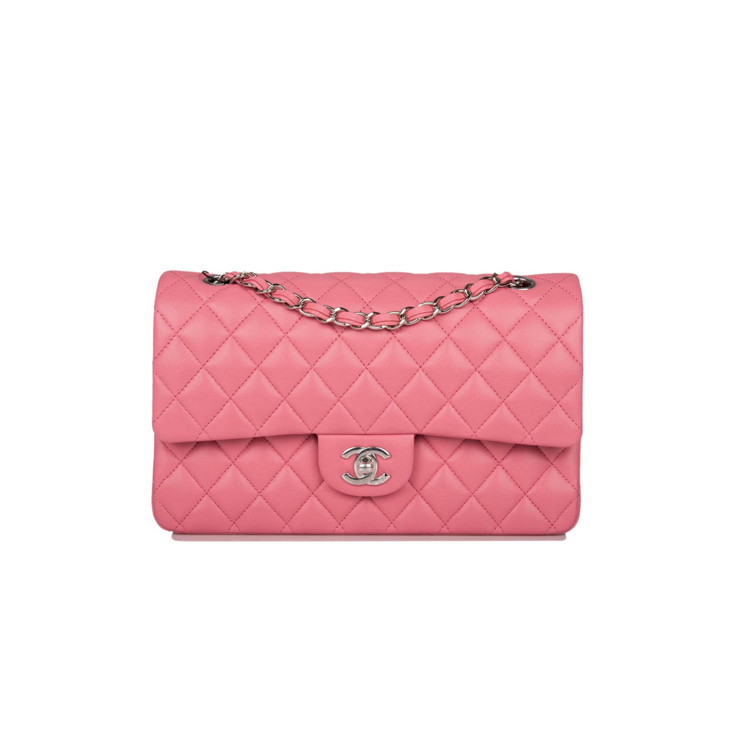 Ch*el medium classic double flap bag rose quilted lambskin silver hardware (25*15*7cm)