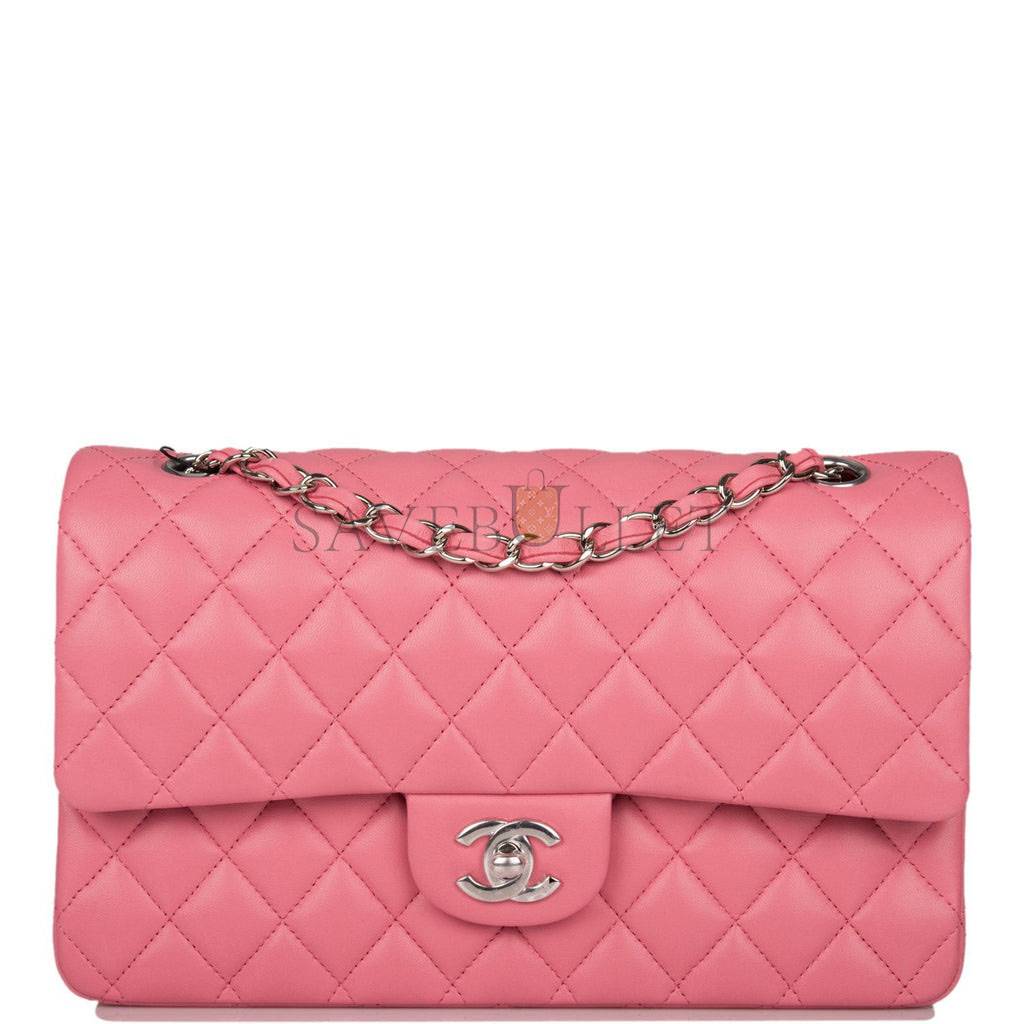 Ch*el medium classic double flap bag rose quilted lambskin silver hardware (25*15*7cm)