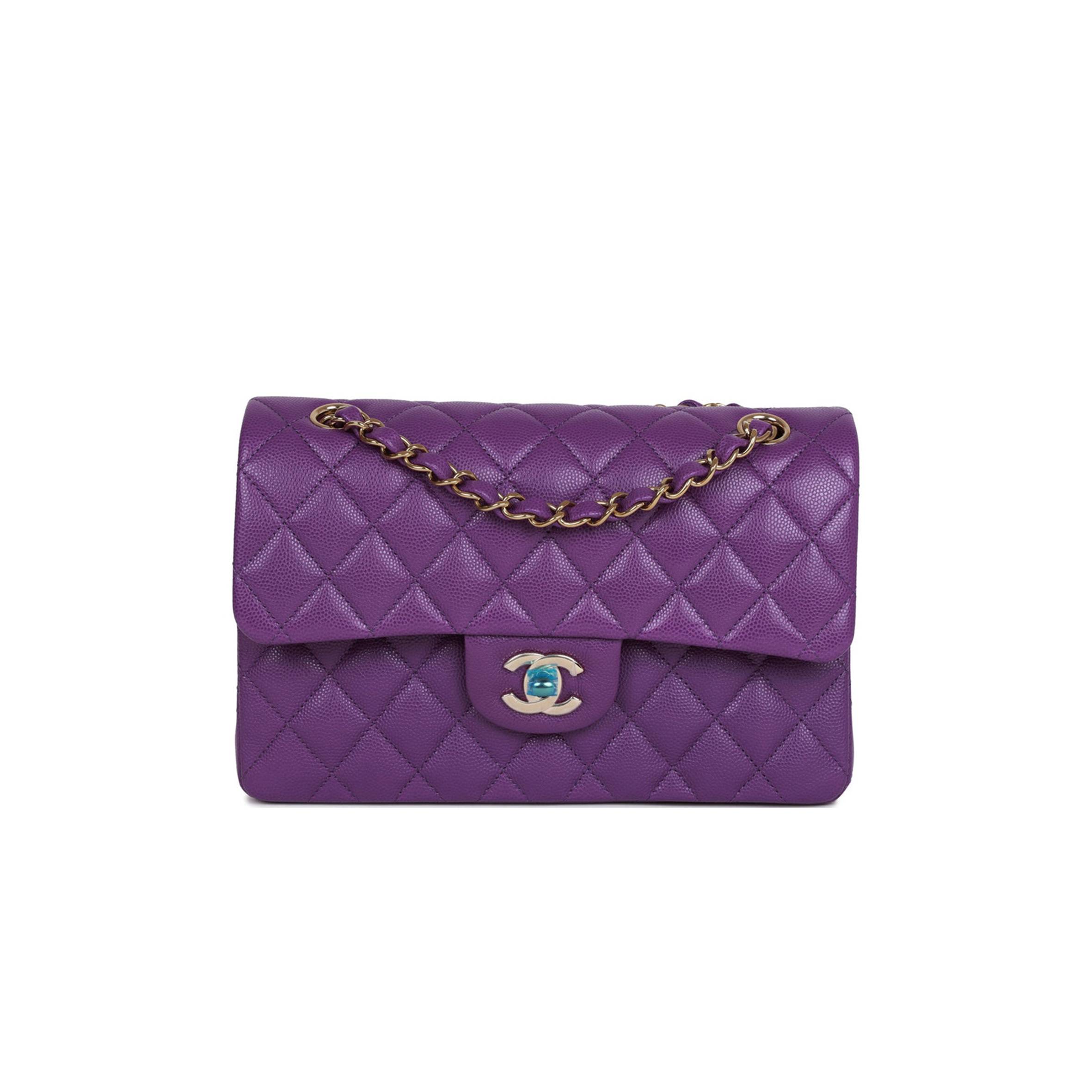 Ch*el small classic double flap purple caviar light gold hardware (23*13*6cm)