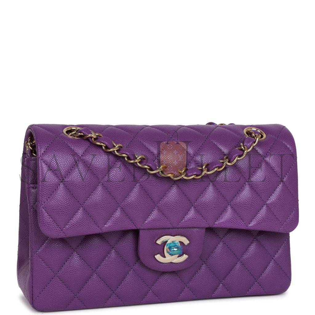 Ch*el small classic double flap purple caviar light gold hardware (23*13*6cm)