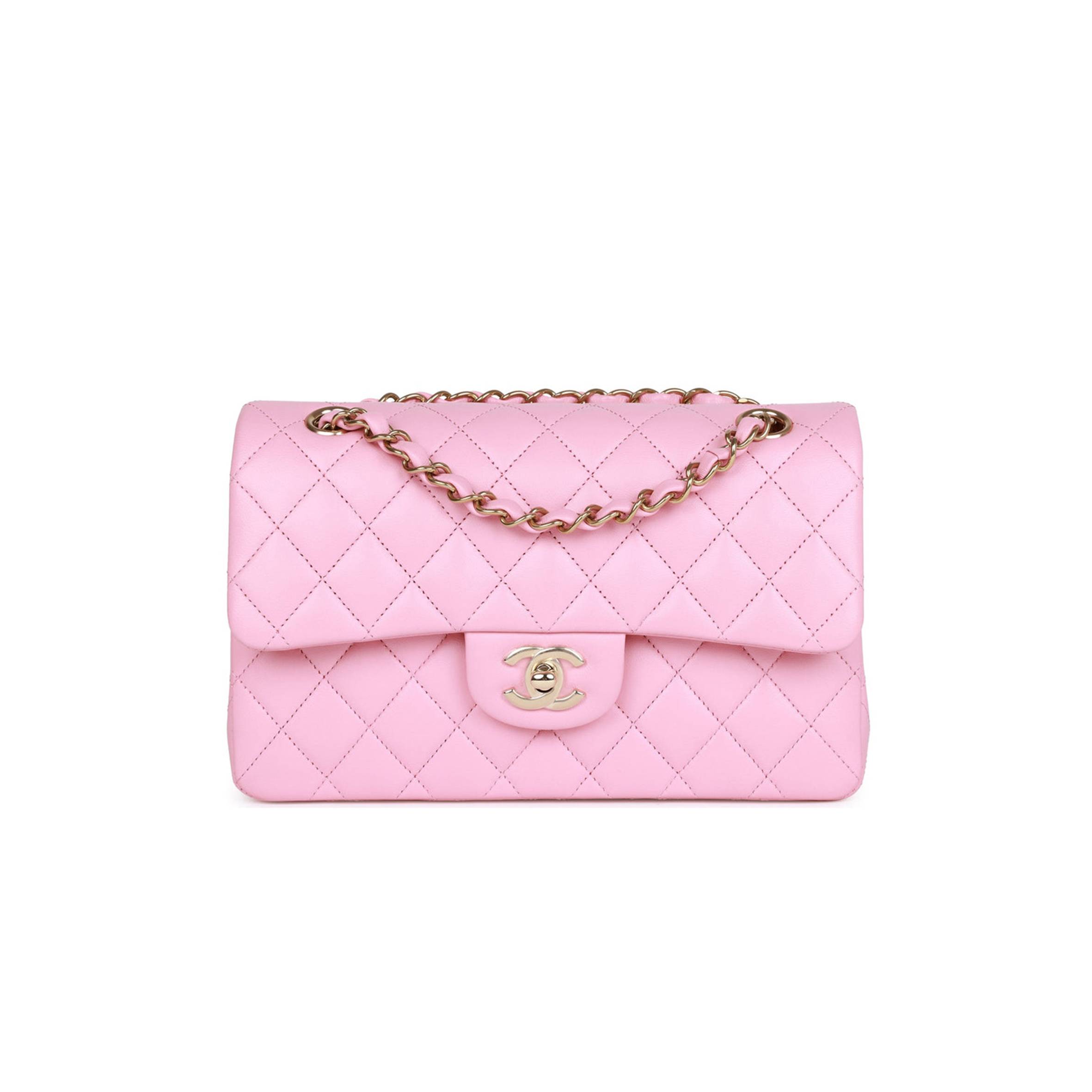 Ch*el small classic double flap pink lambskin light gold hardware (23*13*6cm)
