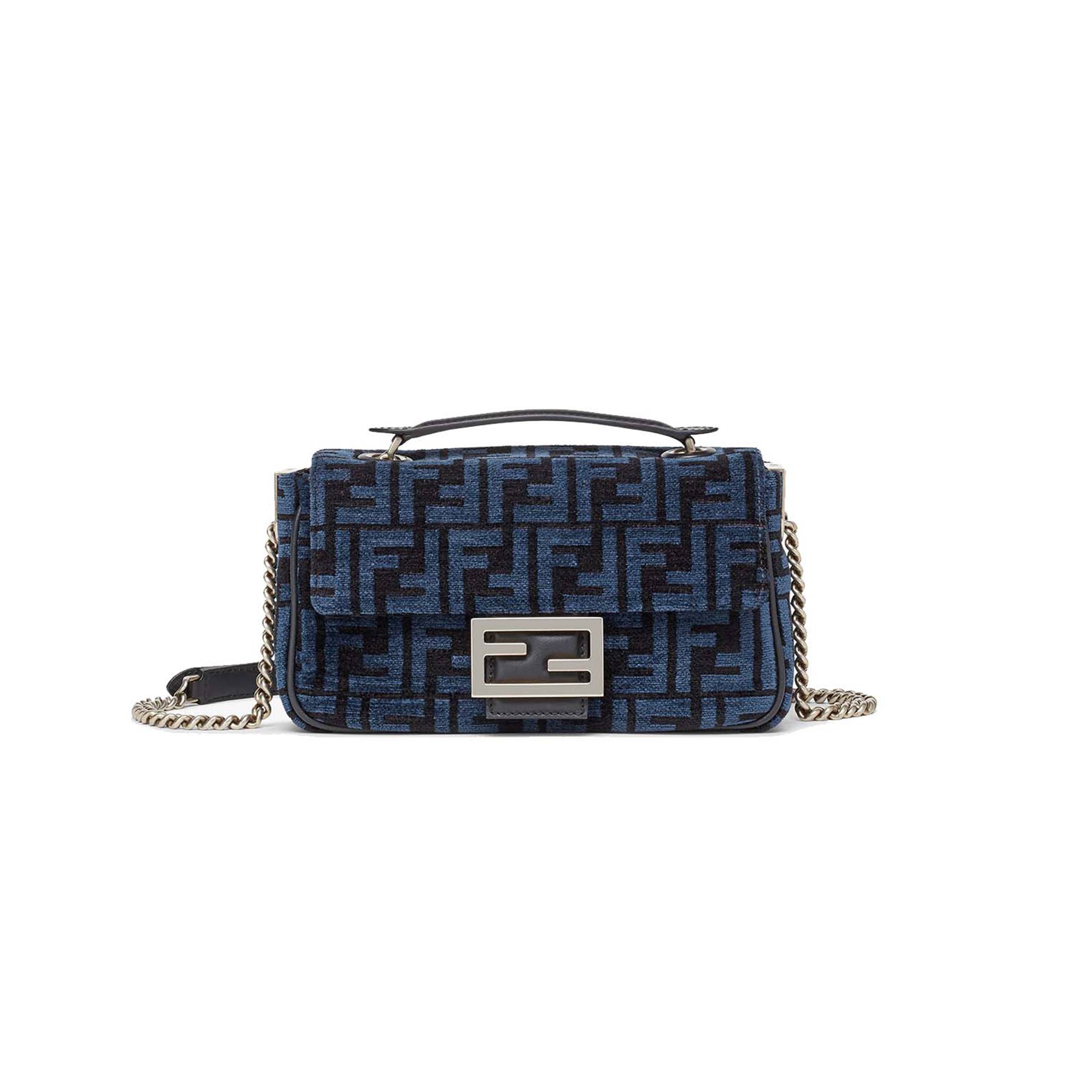 F**di baguette chain midi - dark blue ff tapestry fabric bag 8br793alg7f1hzr (24*14.5*7cm)