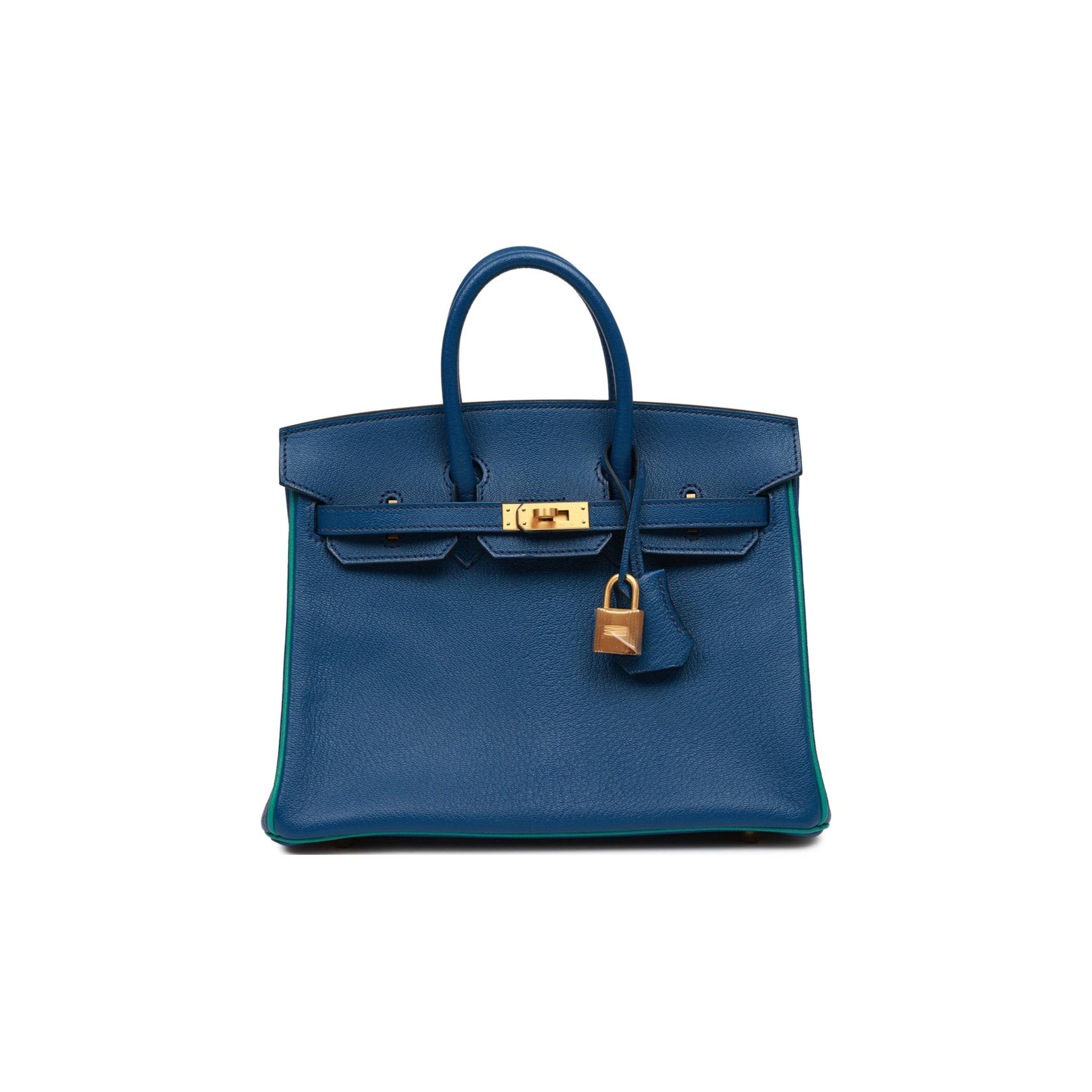 H**mes special order (hss) birkin 25 bleu saphir and vert vertigo chevre brushed gold hardware handmade (25.cm)