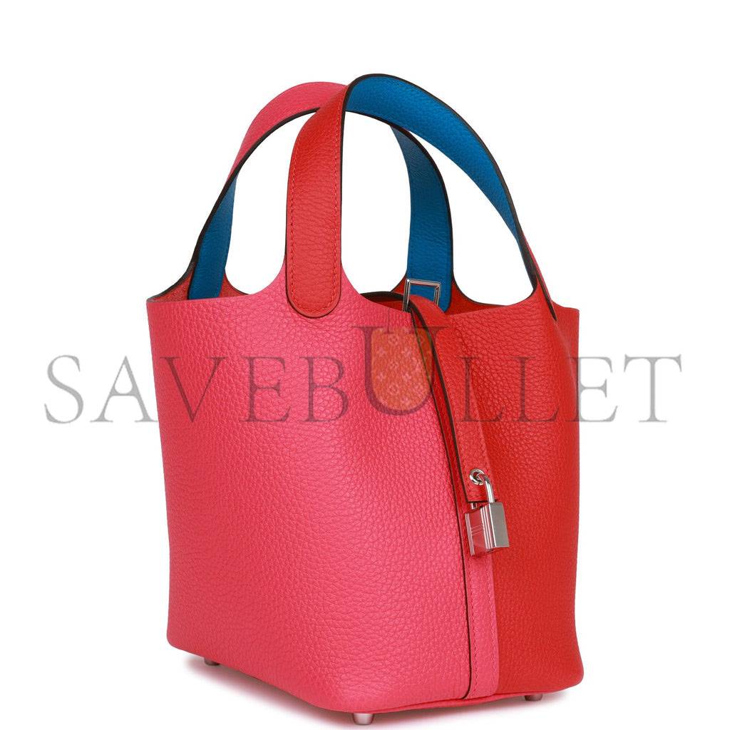 H**mes picotin lock 18 casaque rouge de coeur, rose extreme and bleu zanzibar clemence palladium hardware (18*13*18cm)