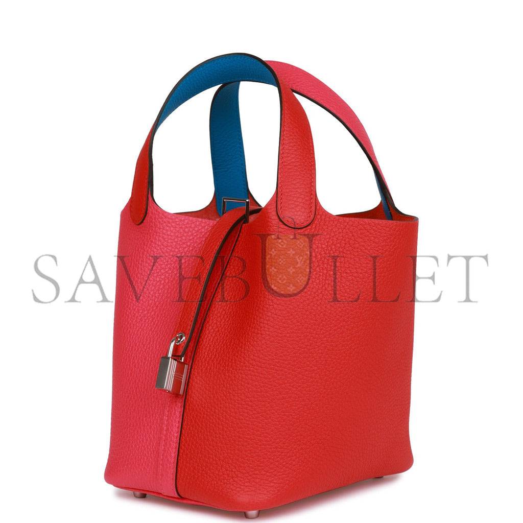 H**mes picotin lock 18 casaque rouge de coeur, rose extreme and bleu zanzibar clemence palladium hardware (18*13*18cm)