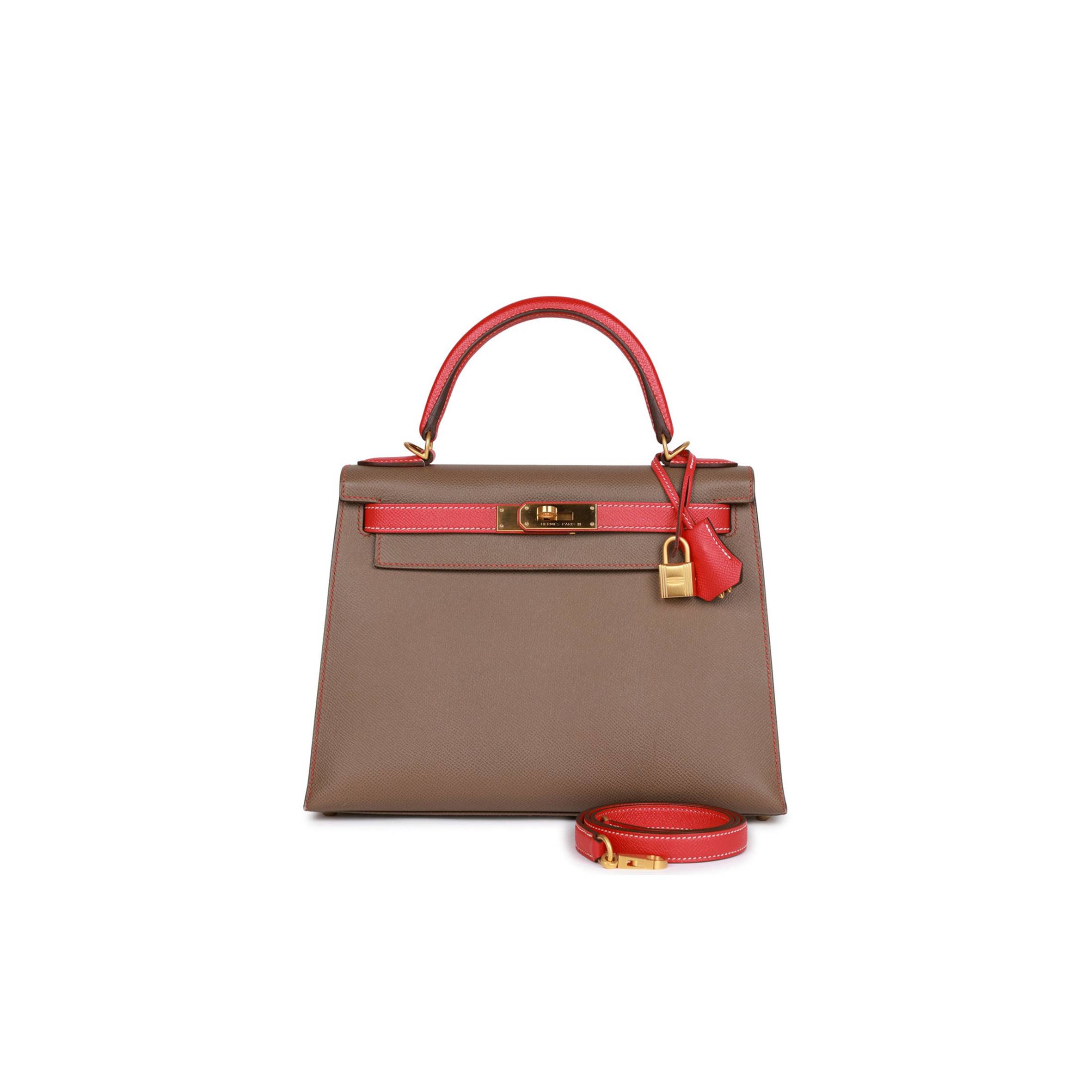 H**mes special order (hss) kelly sellier 28 etoupe and rouge tomate epsom brushed gold hardware (28*22*10cm)