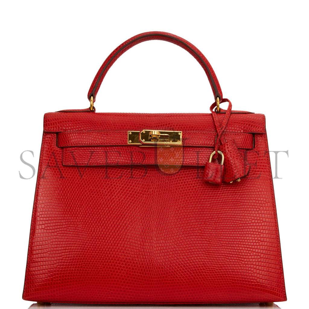 H**mes kelly sellier 28 rouge vif lizard niloticus gold hardware (28*22*10cm)