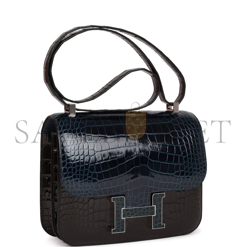 H**mes constance 24 tri-color black, bleu baltique and vert rousseau shiny alligator palladium hardware (24cm)