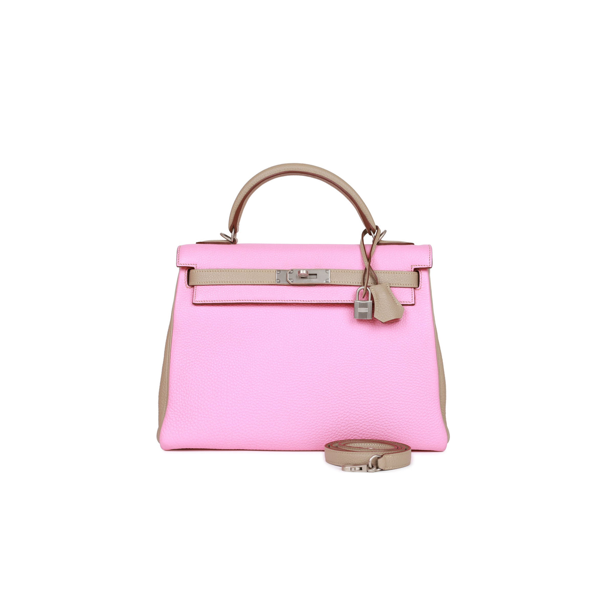 H**mes special order (hss) kelly retourne 32 bubblegum and gris tourterelle clemence brushed palladium hardware (32*23*10.5cm)