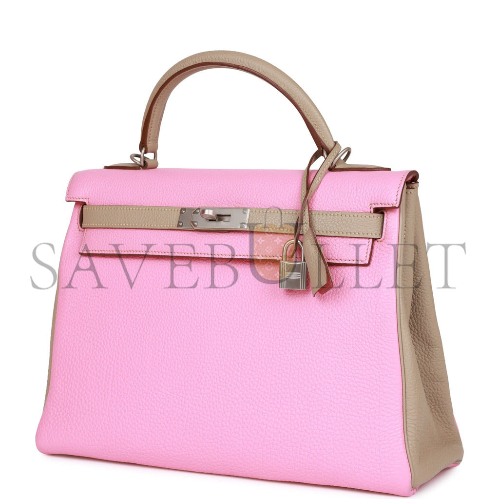 H**mes special order (hss) kelly retourne 32 bubblegum and gris tourterelle clemence brushed palladium hardware (32*23*10.5cm)