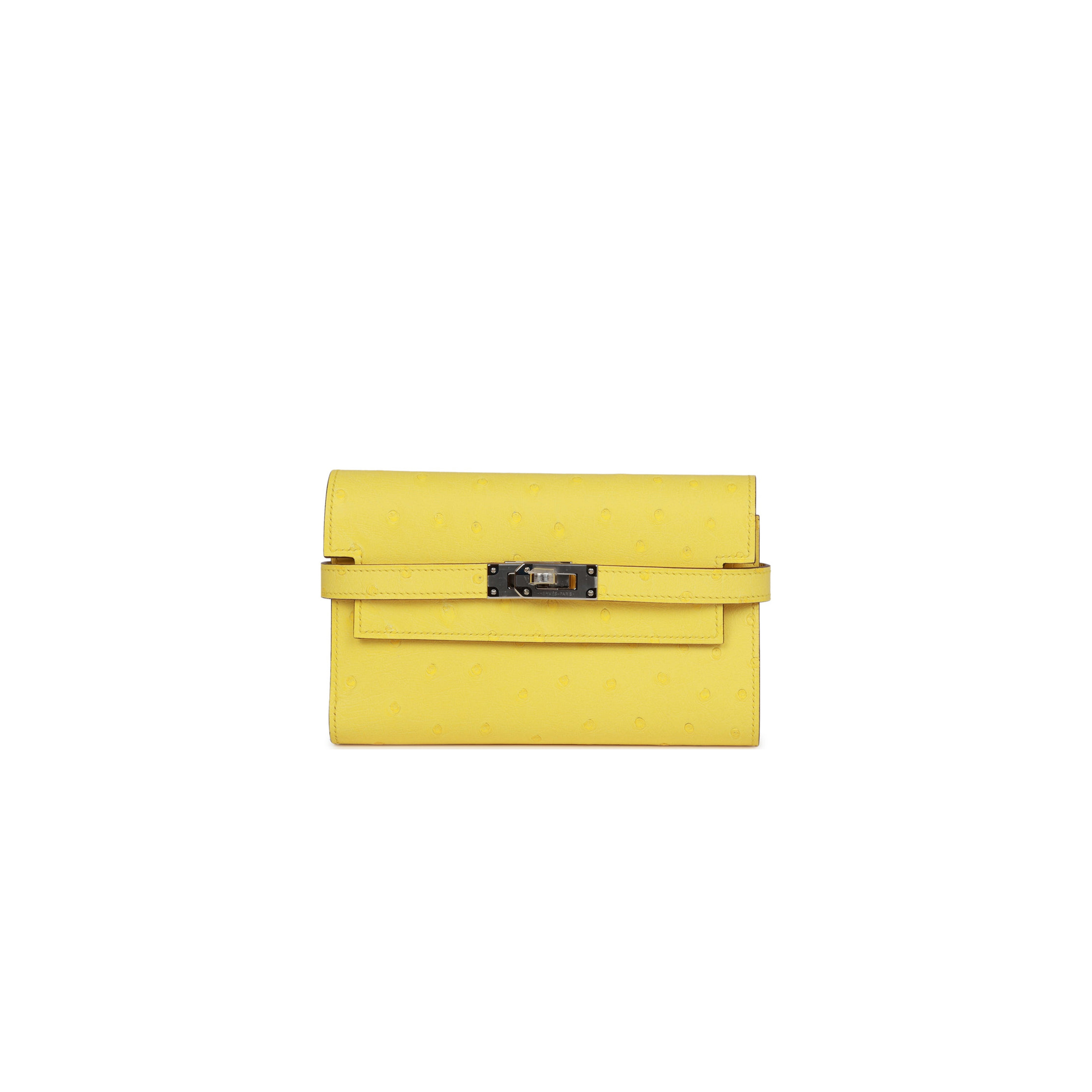 H**mes medium kelly depliant wallet jaune citron ostrich palladium hardware (15*10*3cm)