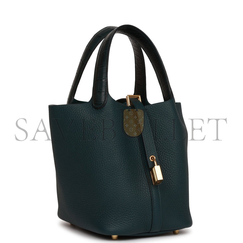 H**mes picotin lock 18 vert cypress matte alligator and clemence touch gold hardware (18*13*18cm)