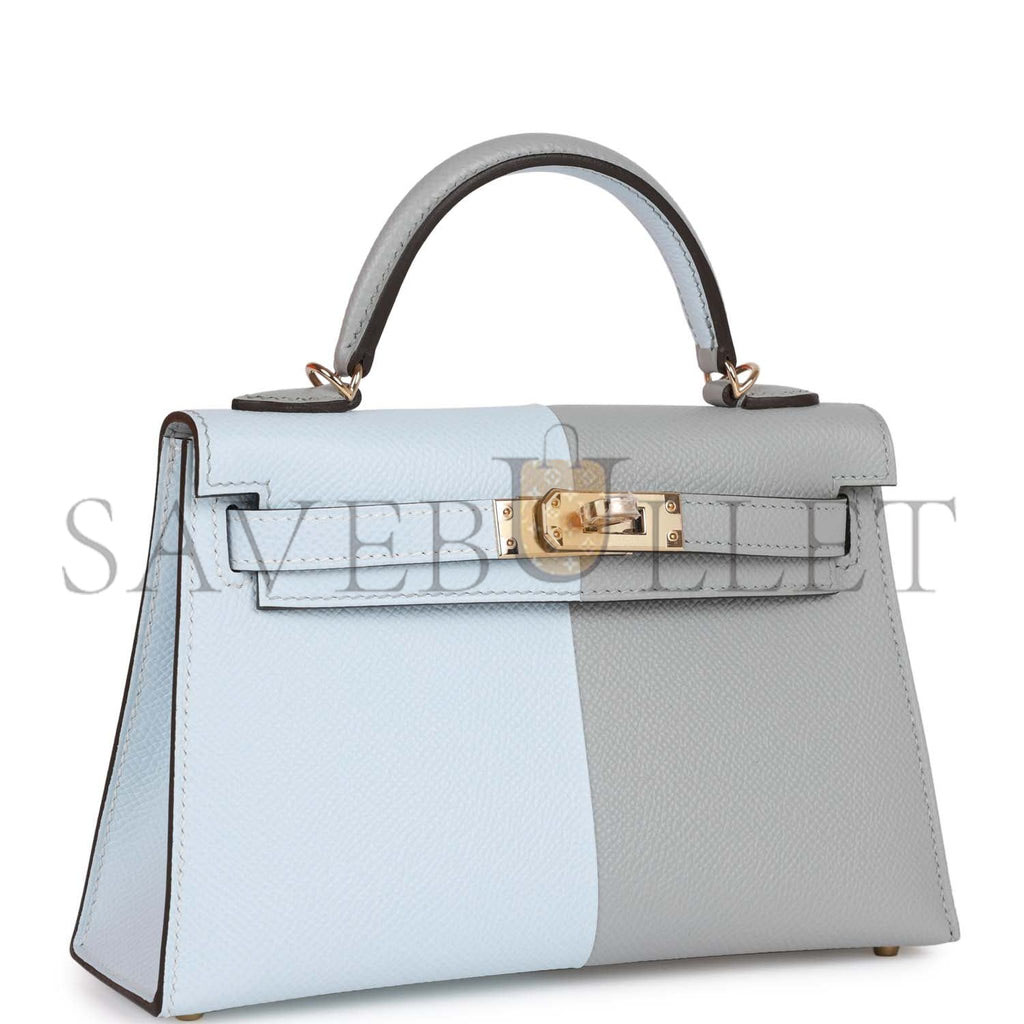 H**mes special order (hss) kelly mini sellier 20 casaque bleu brume and gris meyer epsom permabrass hardware (19*12*5.5cm)