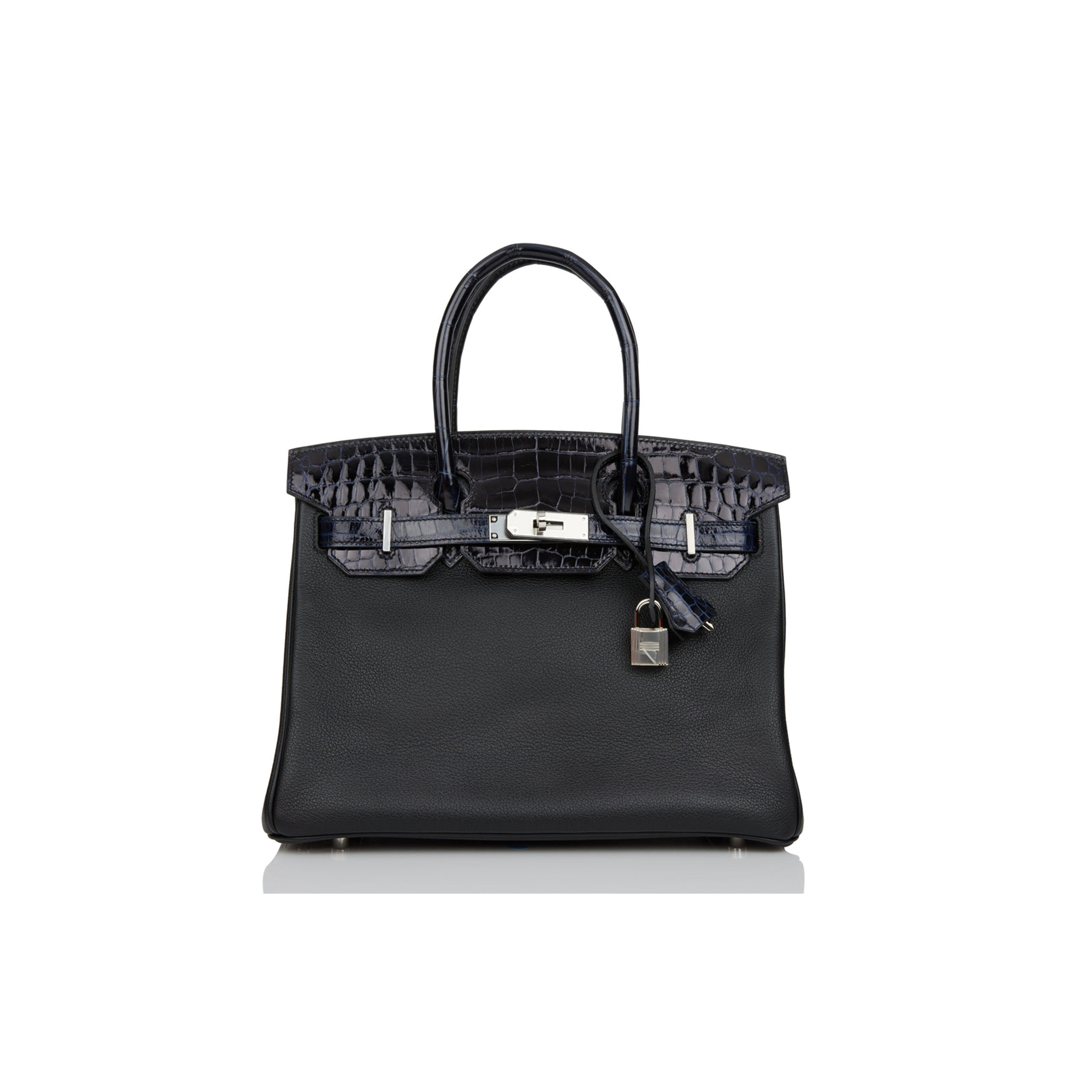 H**mes birkin 25 bleu marine shiny niloticus crocodile pattern and black novillo touch palladium hardware (25cm)