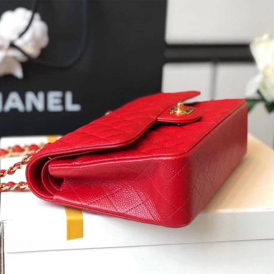 Ch*el classic flap small red caviar leather gold hardware (23*14.5*6cm)