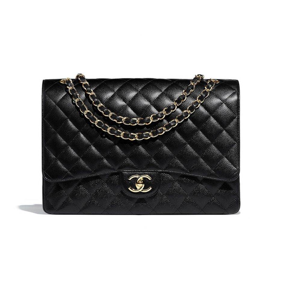 Ch*el classic flap maxi black caviar leather gold hardware (33*22*9cm)