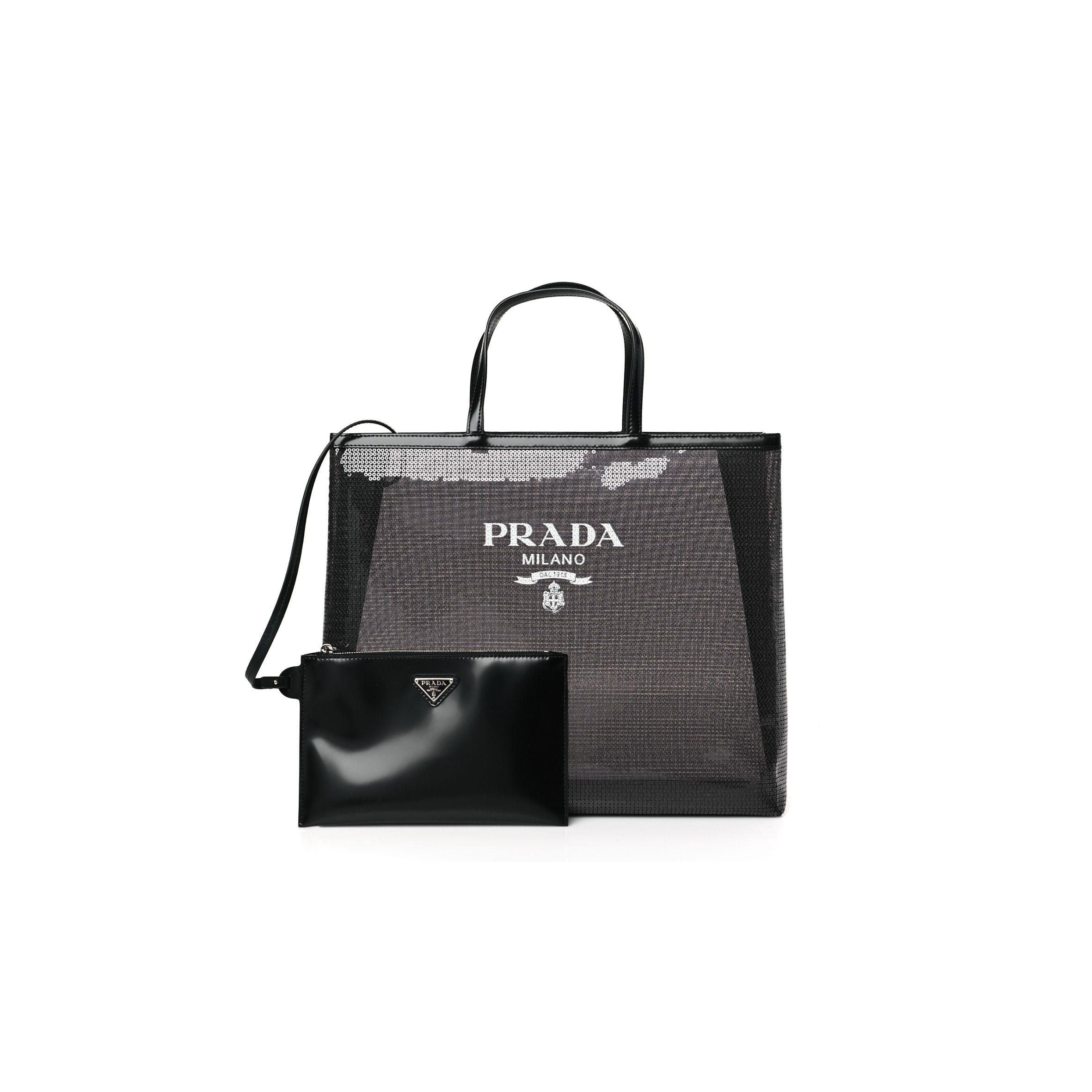 Pra*a mesh sequin spazzolato logo tote black (36*30*9cm)