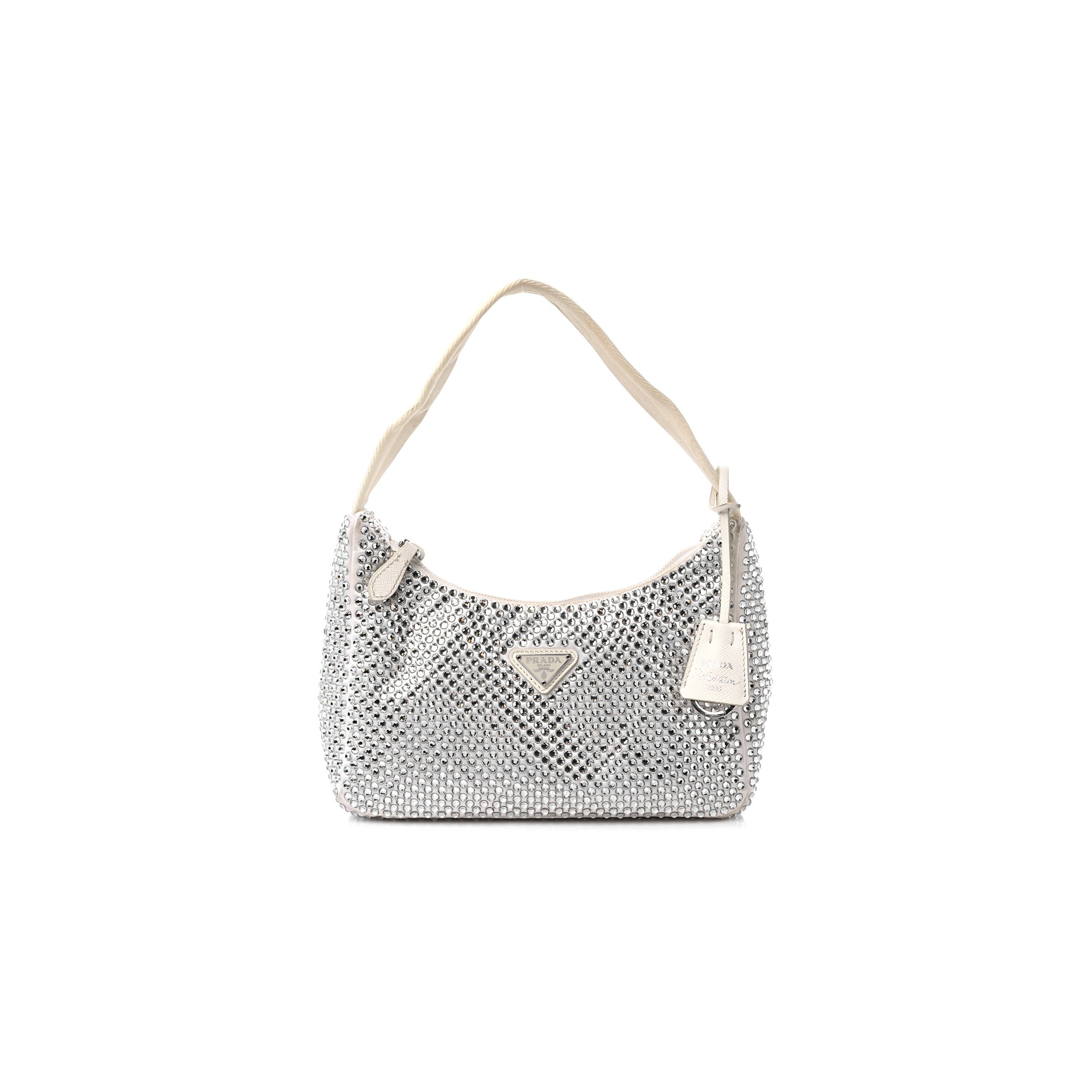 Pra*a satin crystal mini re-edition bag white (23*16*8cm)