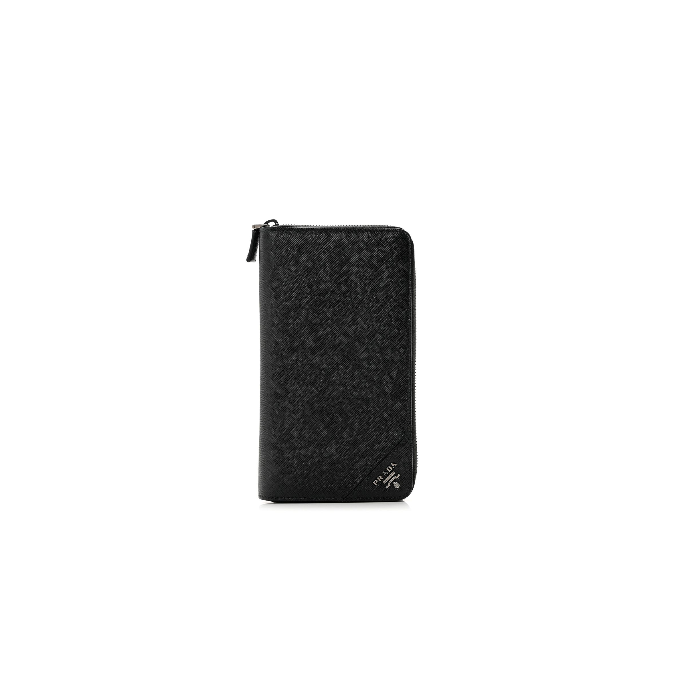 Pra*a saffiano metal large zip around travel wallet black (21*11*3cm)