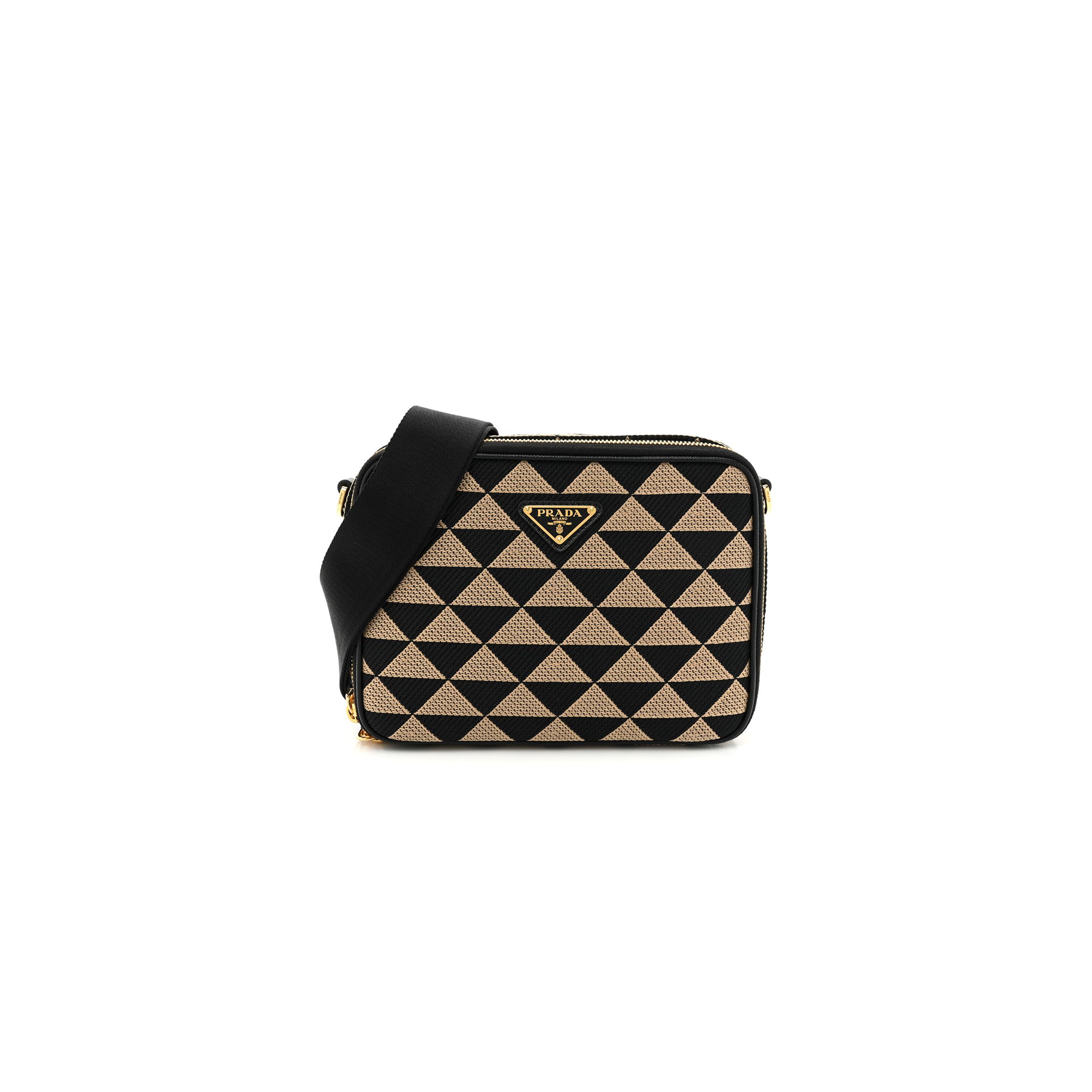 Pra*a jacquard saffiano triangolo symbole embroidered small shoulder bag black corda (23*17*7cm)