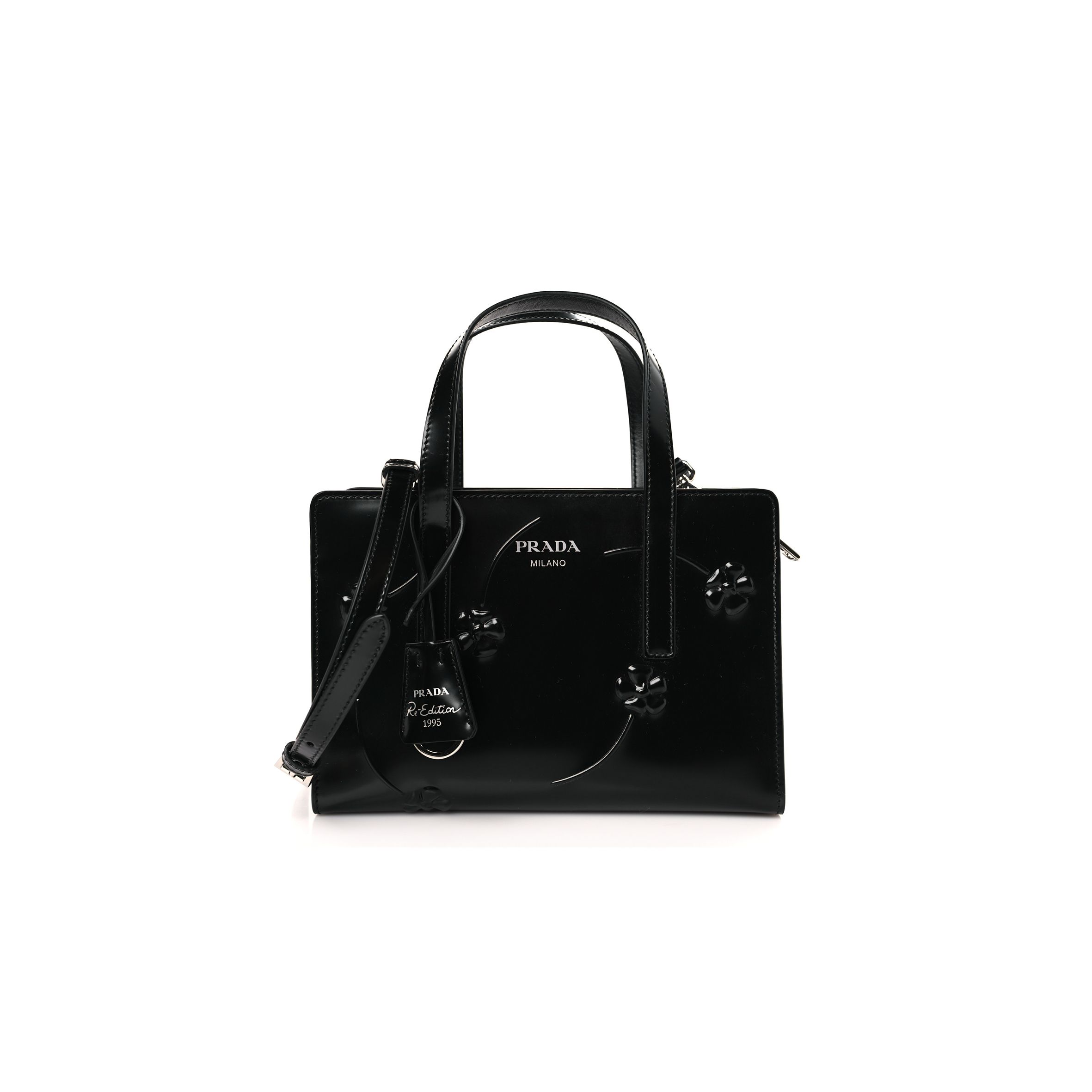 Pra*a brushed calfskin floral mini re-edition 1995 tote black (22*15*7cm)