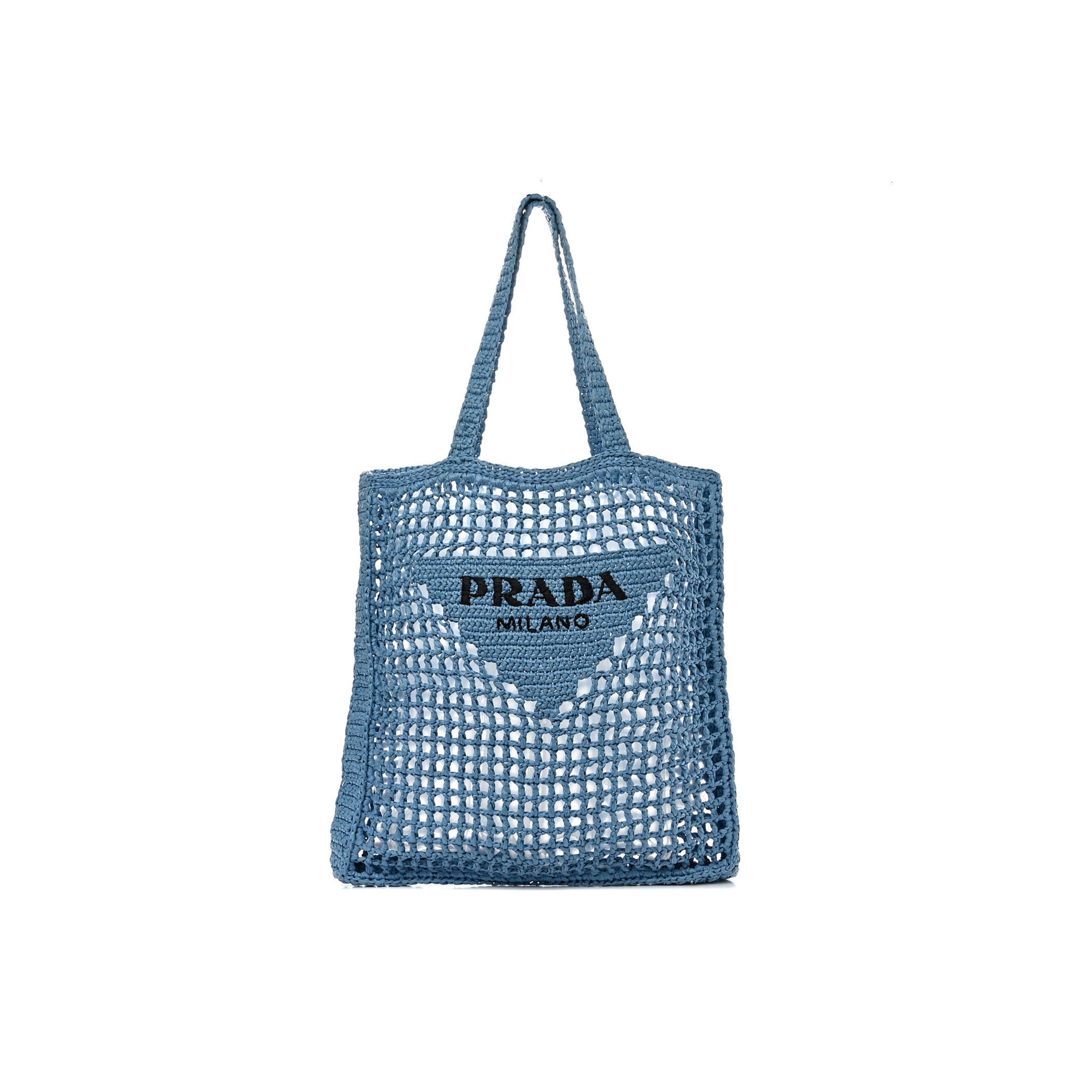 Pra*a raffia embroidered logo tote bag celeste (36*36*4cm)