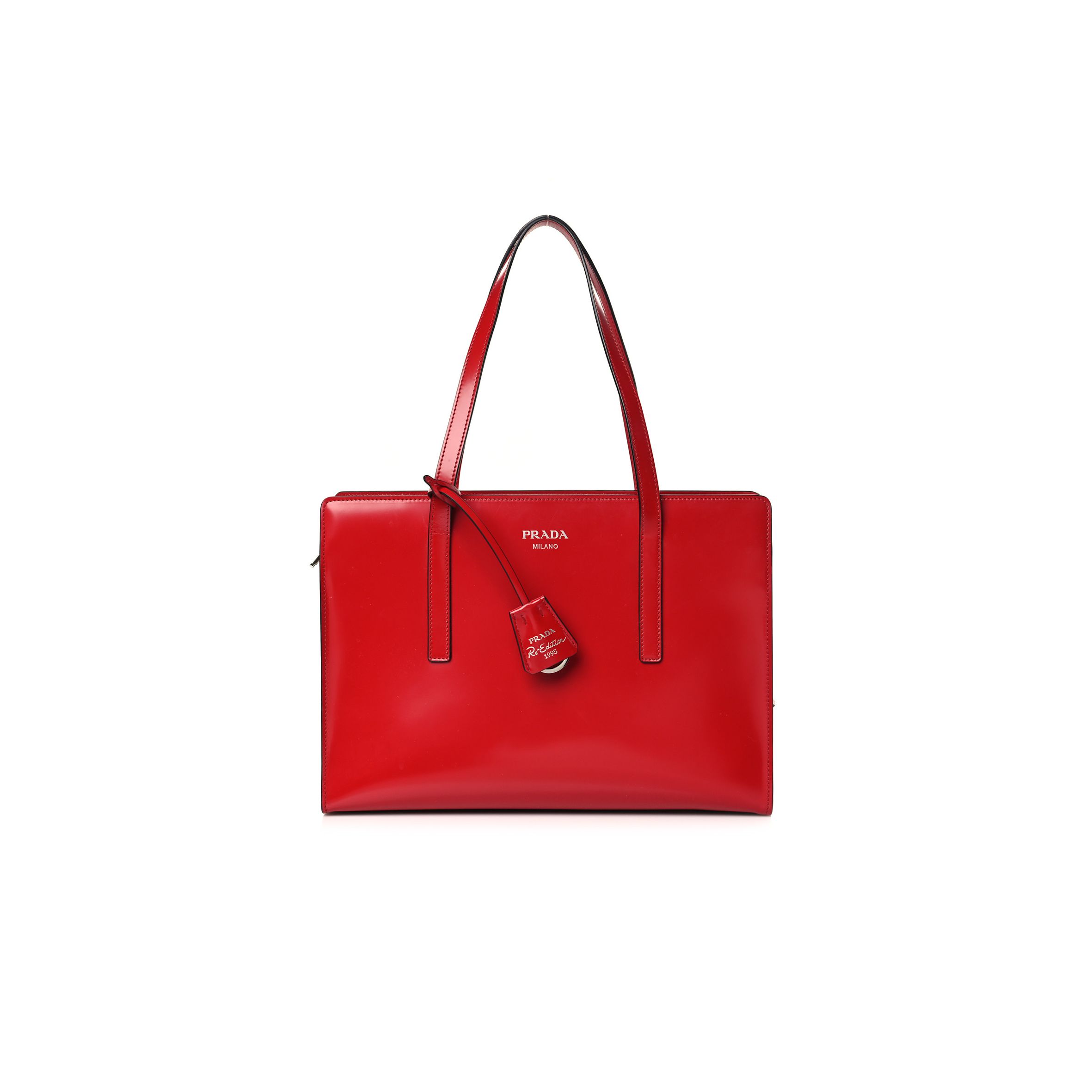 Pra*a brushed calfskin medium re-edition 1995 tote scarlet (30*21*9cm)