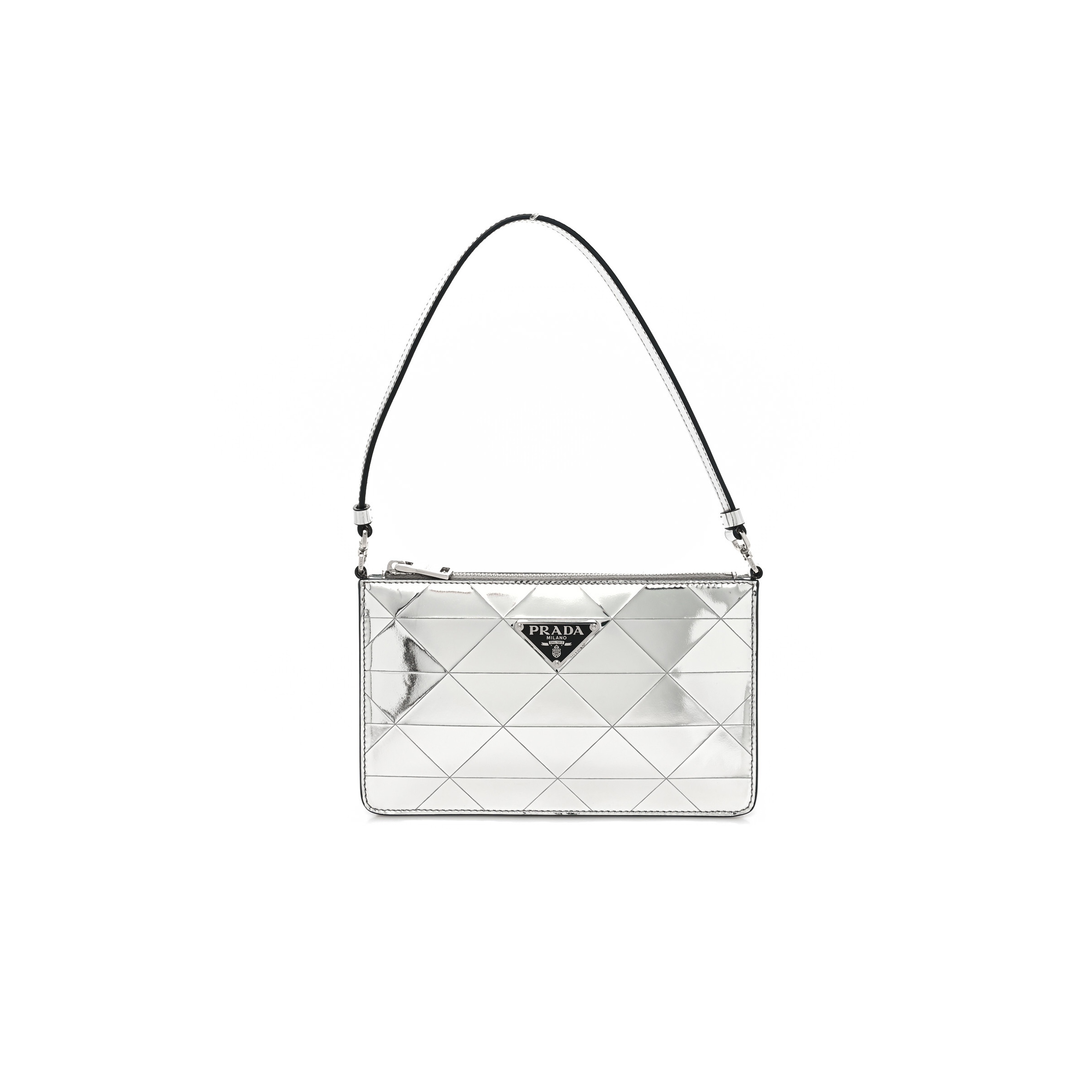 Pra*a metallic brushed calfskin mini triangle bag silver (20*12*4cm)