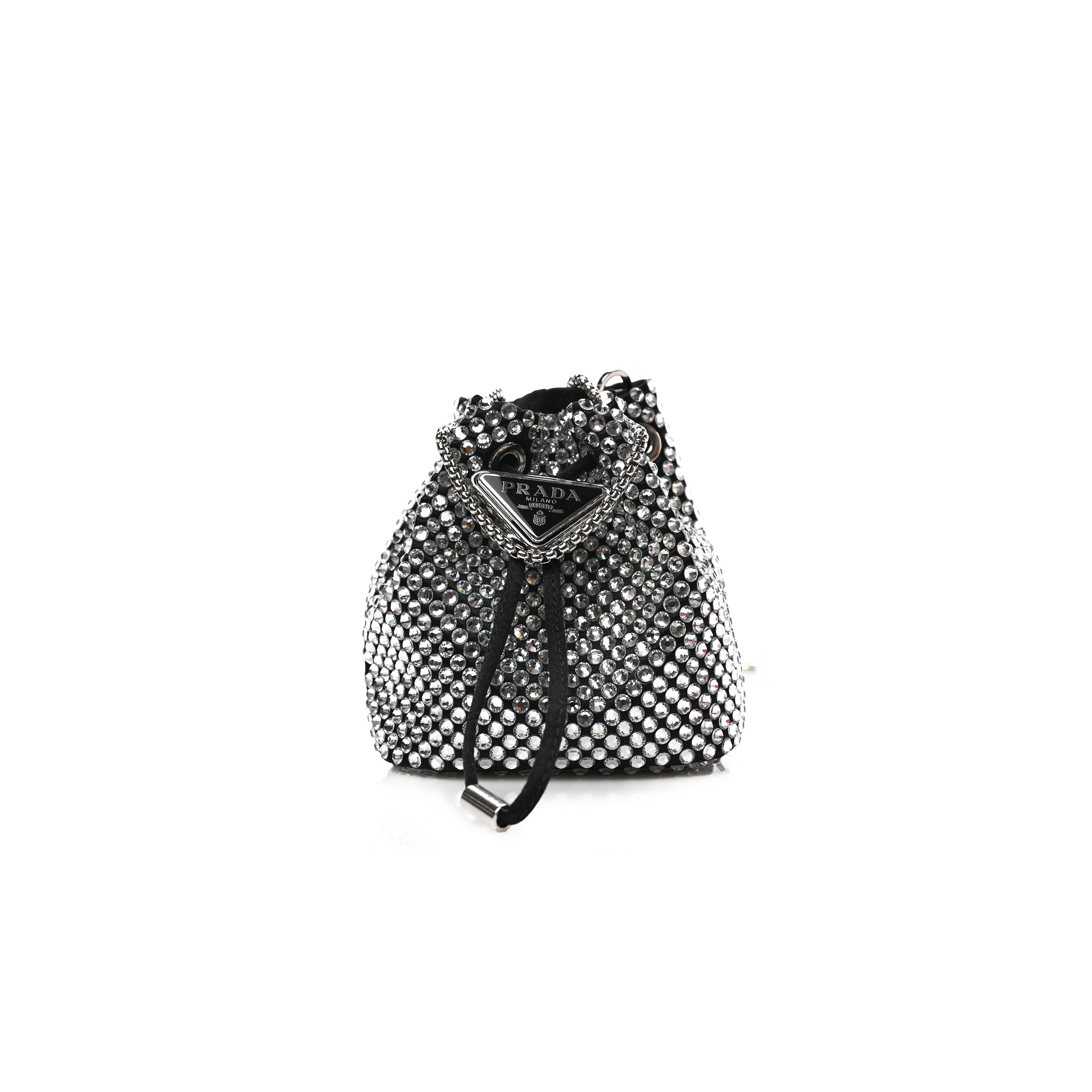 Pra*a satin crystal drawstring mini pouch black (9*9*6cm)