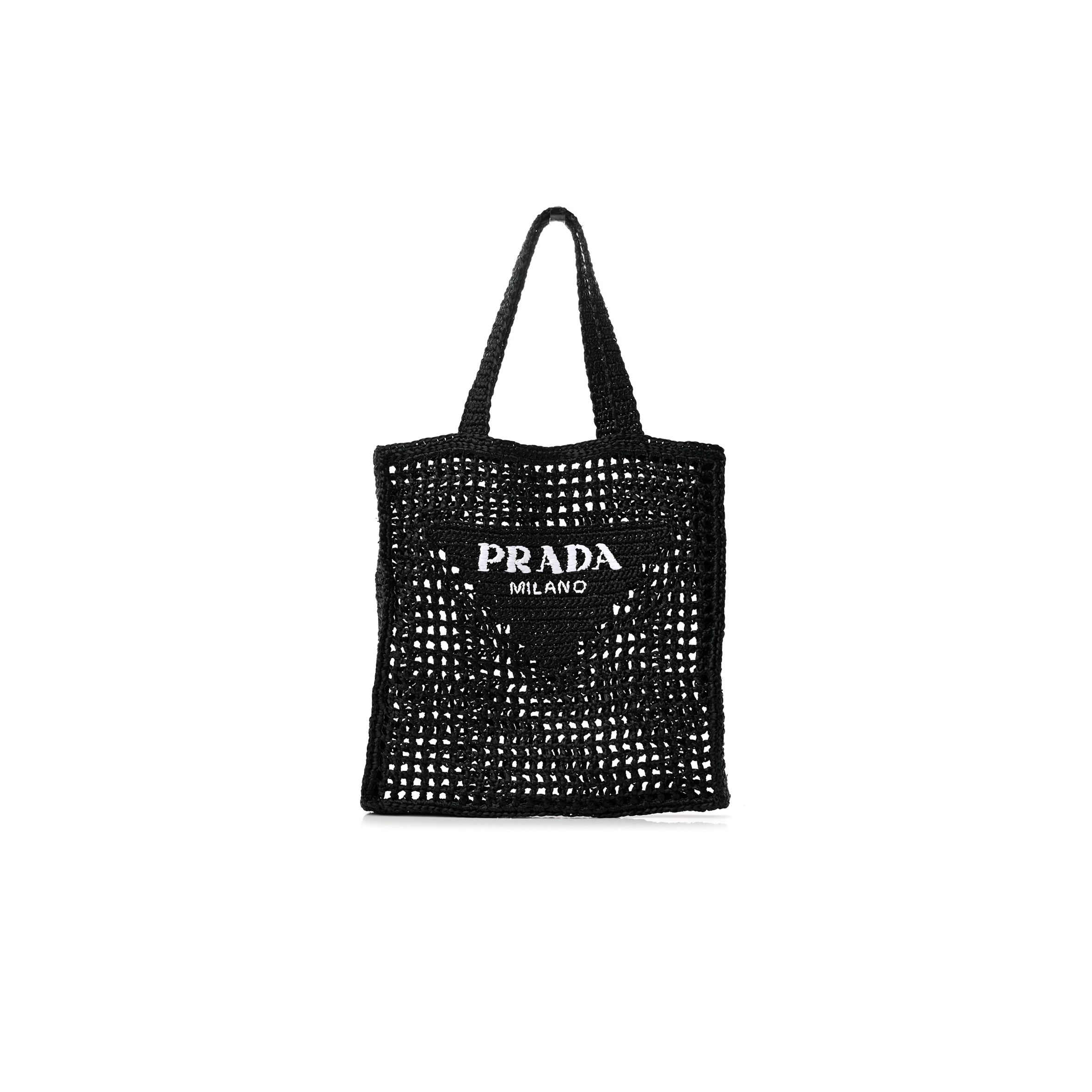 Pra*a raffia embroidered logo tote bag black (37*36*4cm)