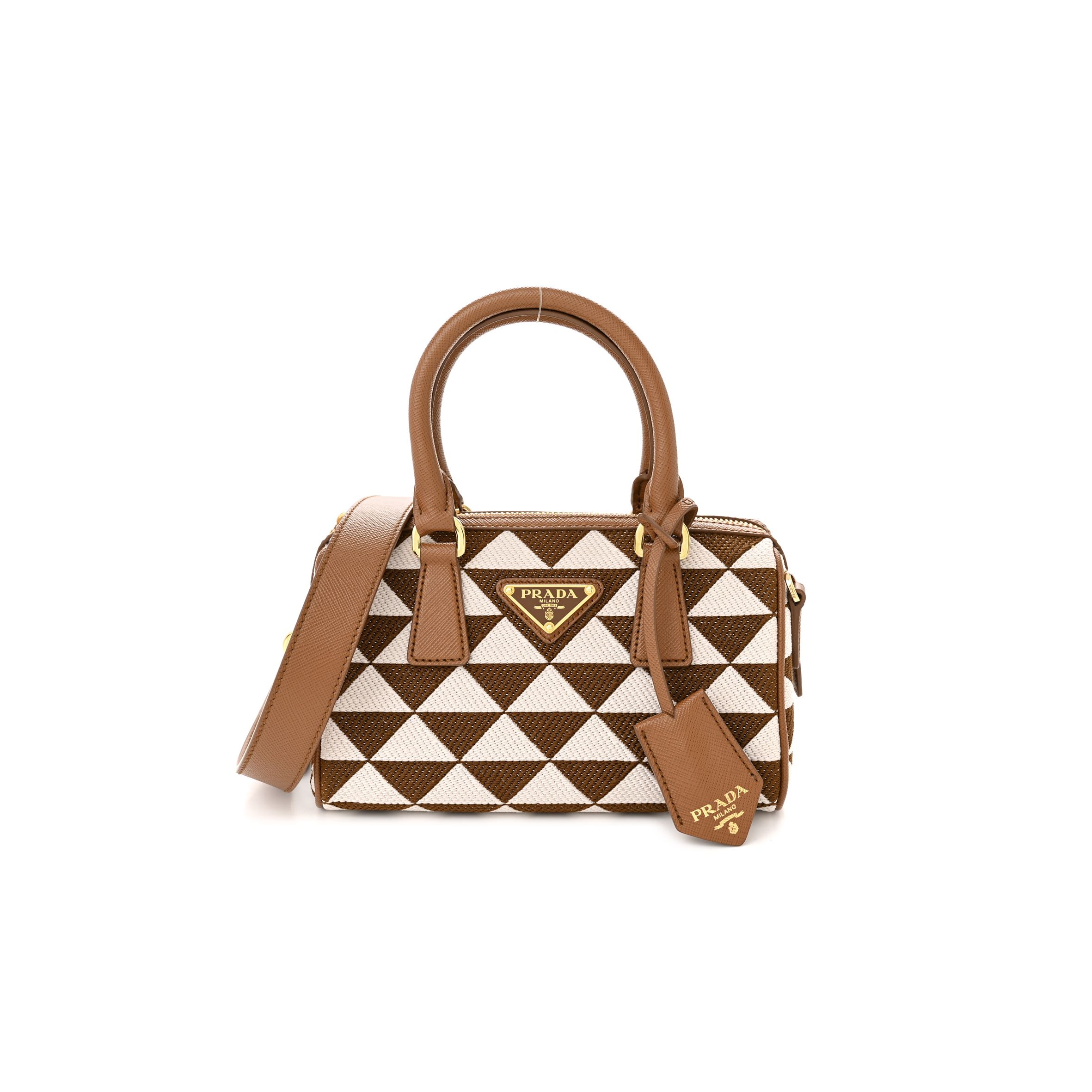 Pra*a jacquard saffiano triangolo symbole embroidered top handle crossbody bag tobacco talco (17*13*11cm)