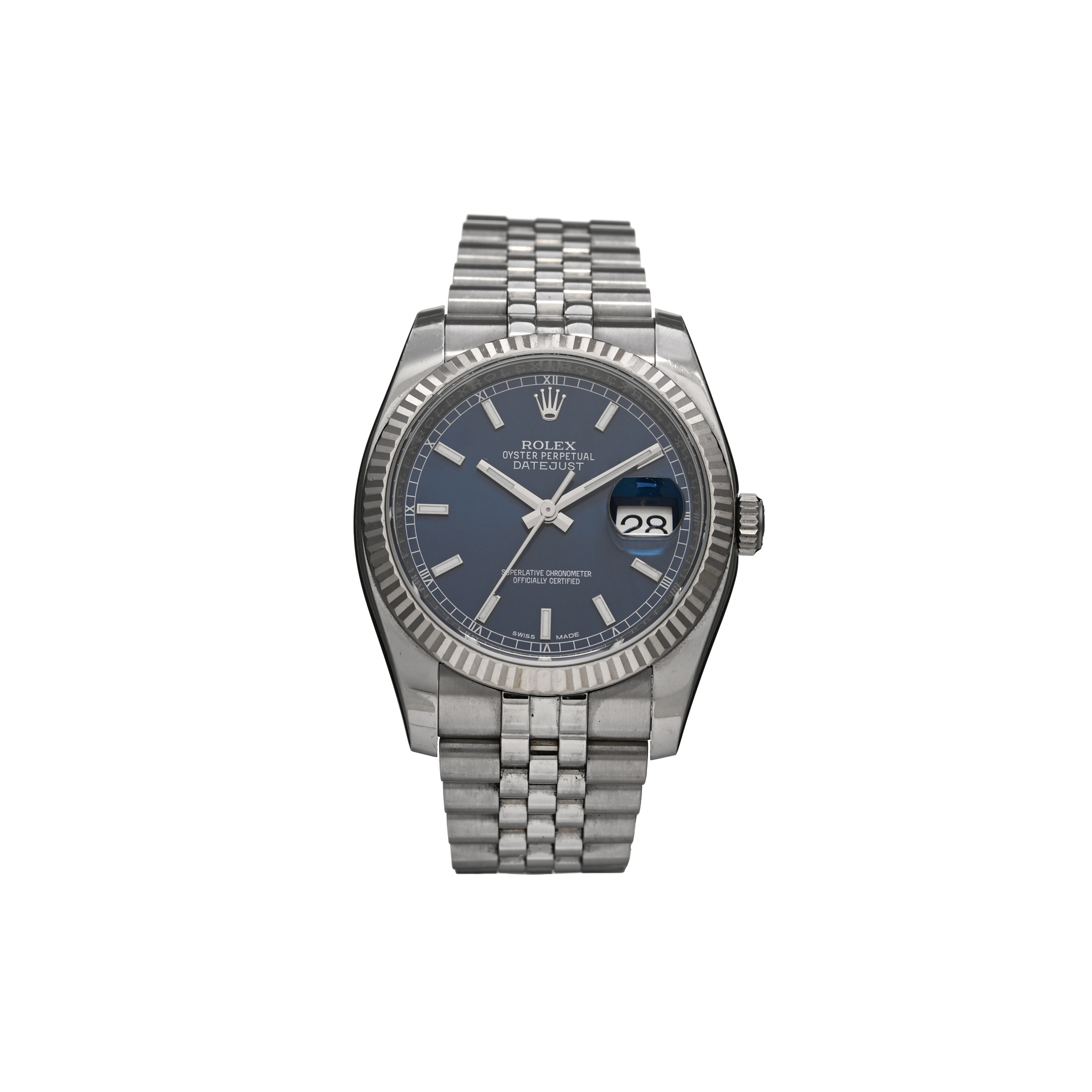 R*l*x stainless steel 18k white gold 36mm oyster perpetual datejust watch blue 116234