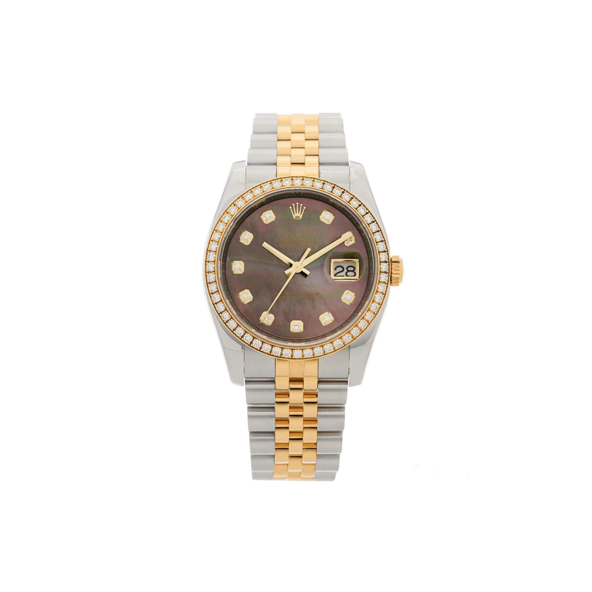 r*l*x stainless steel 18k yellow gold Di*m*nd black mother of pearl 36mm oyster perpetual datejust watch 116243