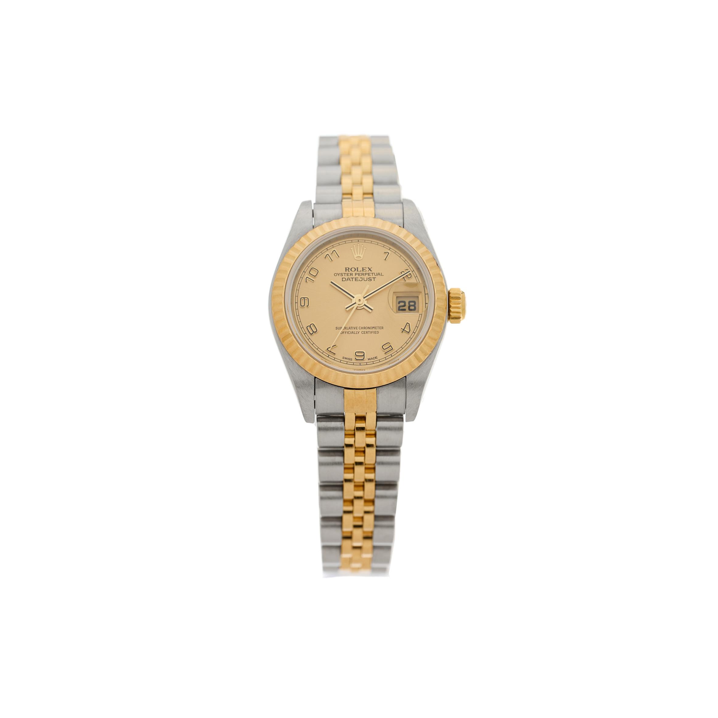 R*l*x stainless steel 18k yellow gold 26mm oyster perpetual datejust watch champagne 79173