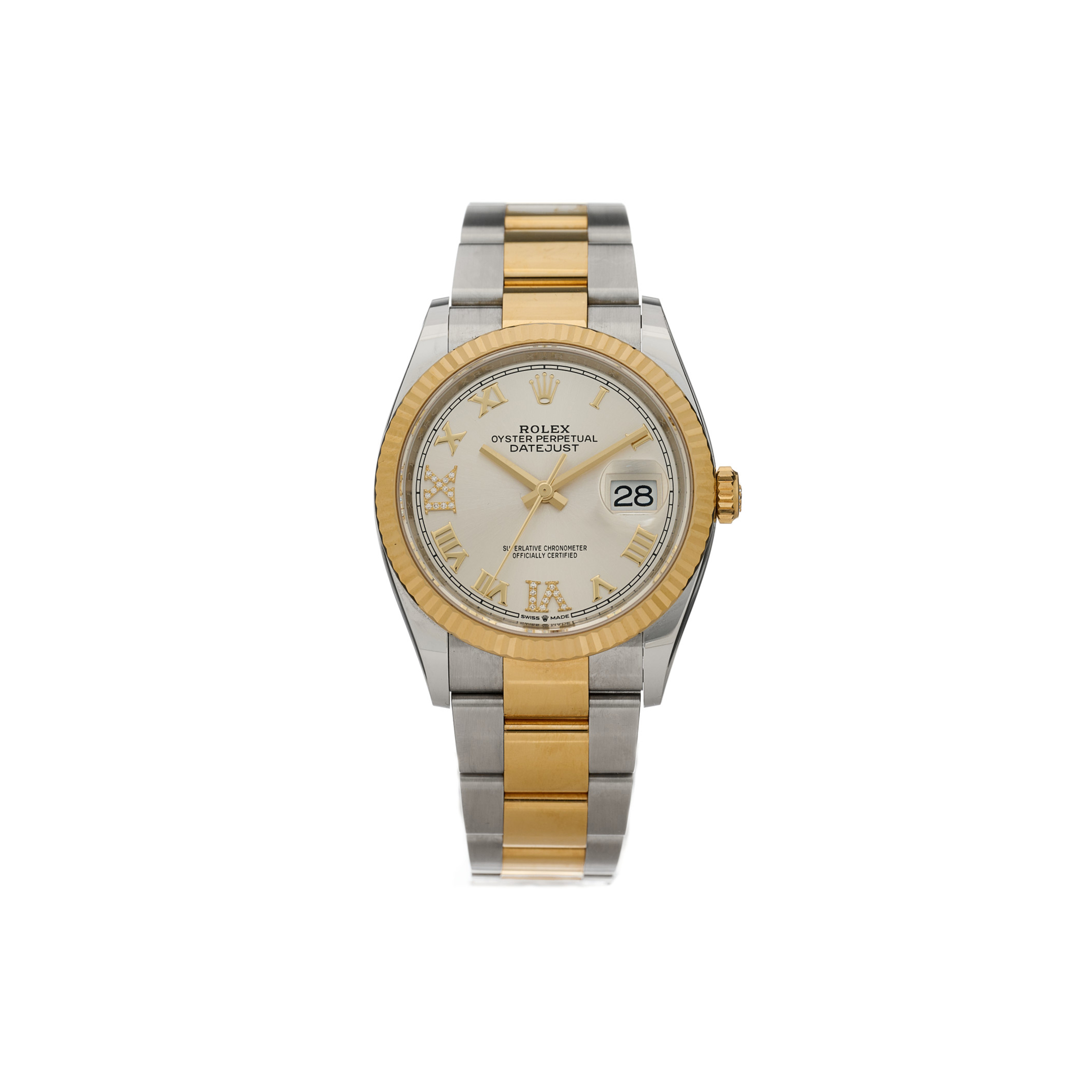 r*l*x stainless steel 18k yellow gold Di*m*nd 36mm oyster perpetual datejust watch silver roman 126233