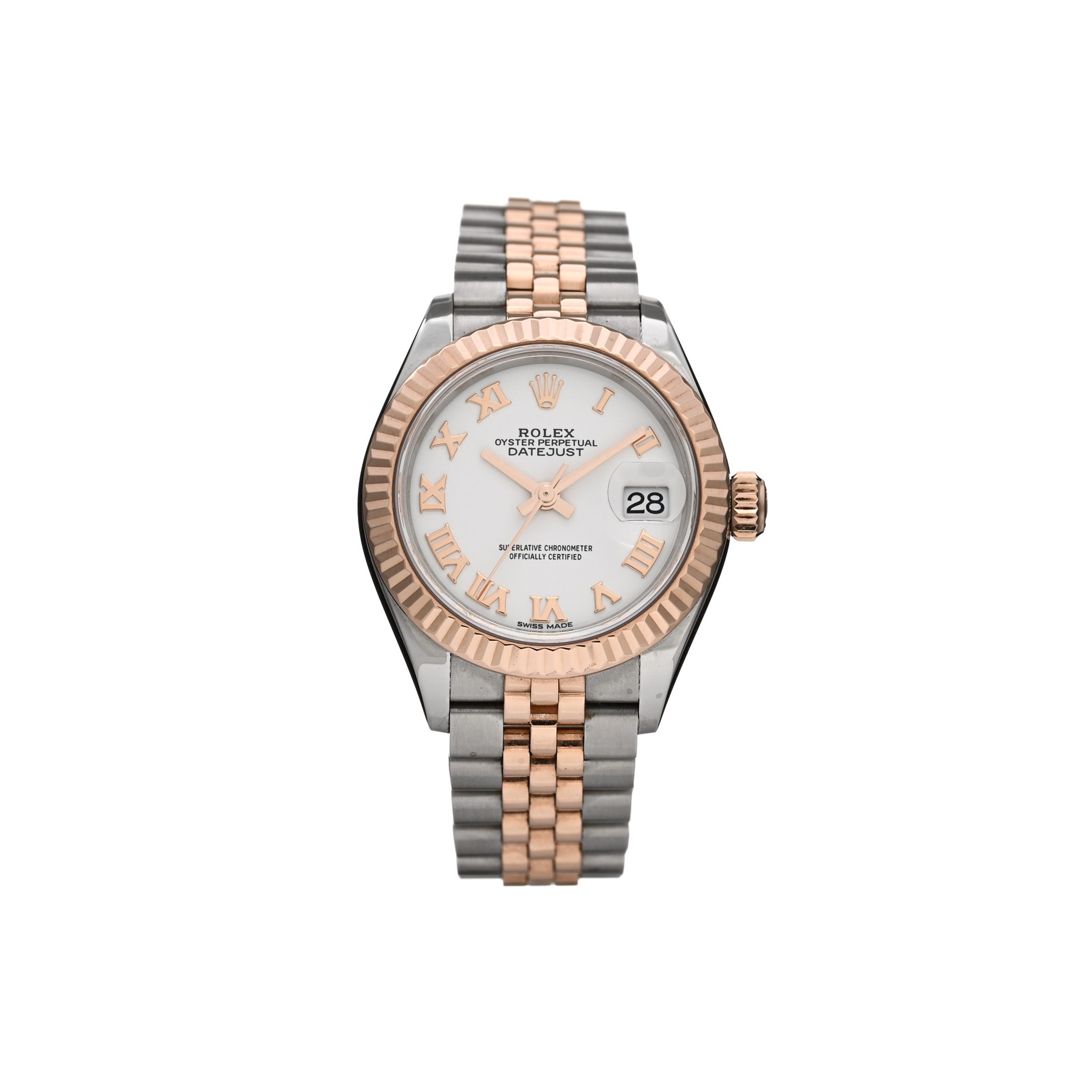 R*l*x stainless steel 18k everose gold 28mm oyster perpetual datejust watch white roman 279171