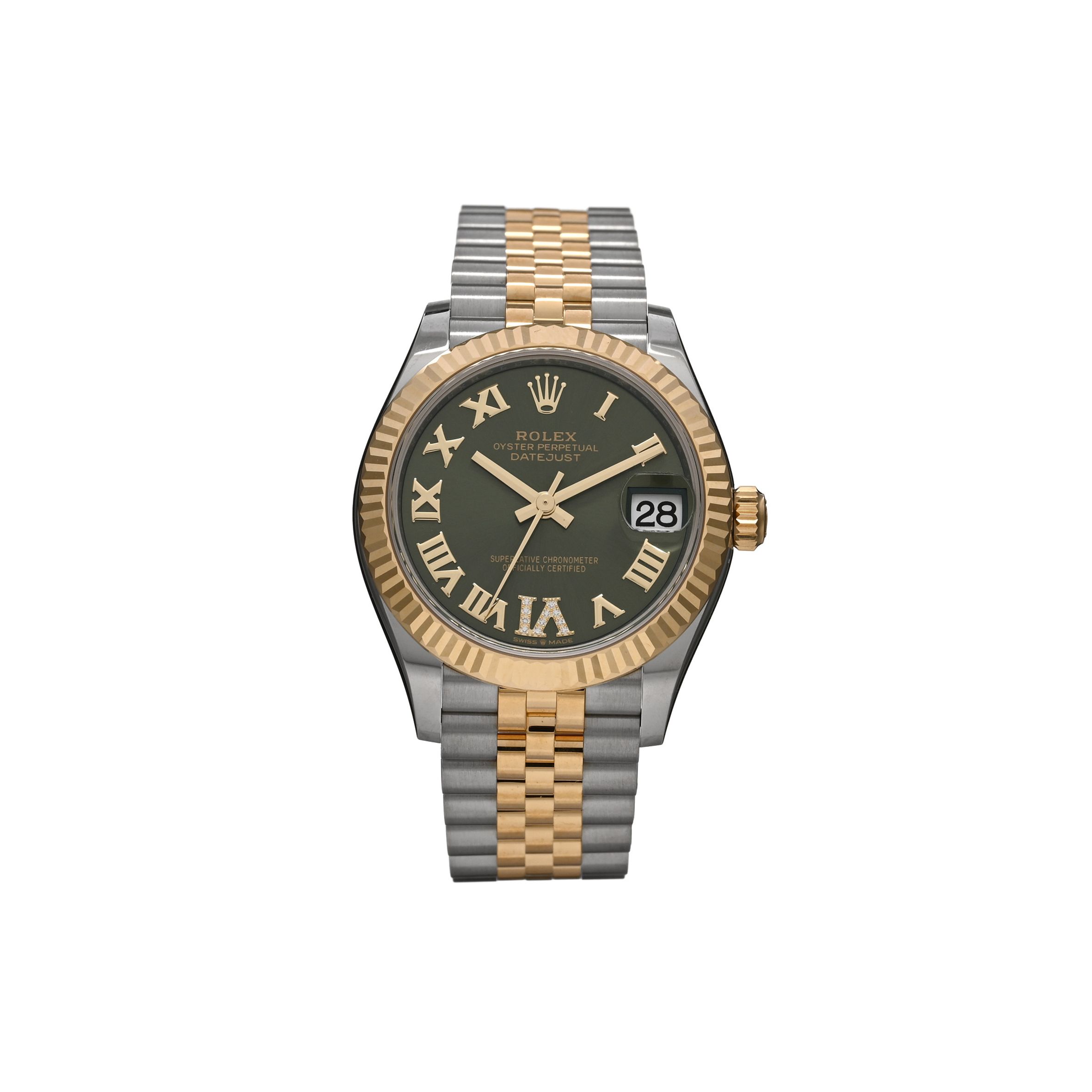 r*l*x stainless steel 18k yellow gold Di*m*nd 31mm oyster perpetual datejust watch olive green roman 278273