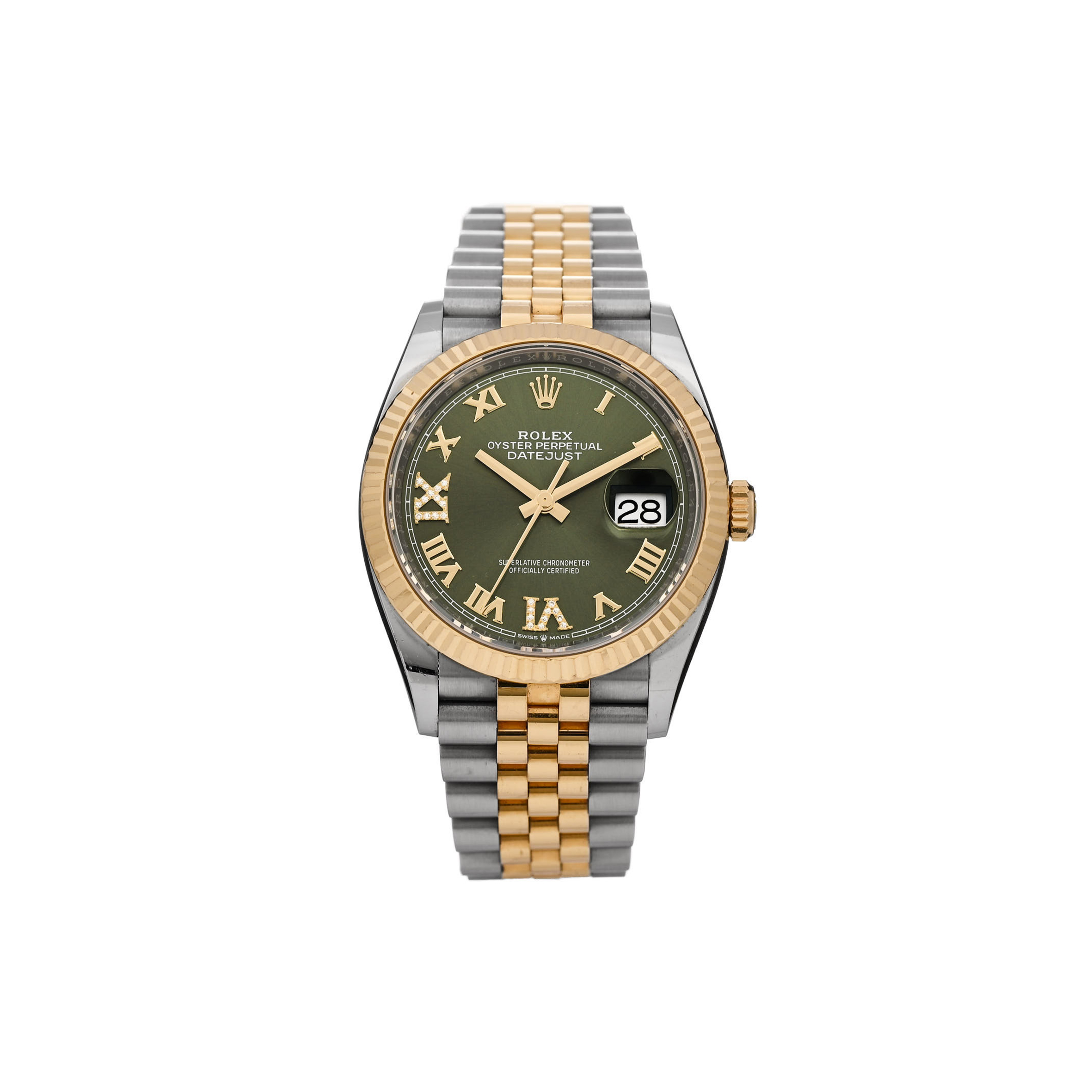 r*l*x stainless steel 18k yellow gold Di*m*nd 36mm oyster perpetual datejust watch olive green roman 126233