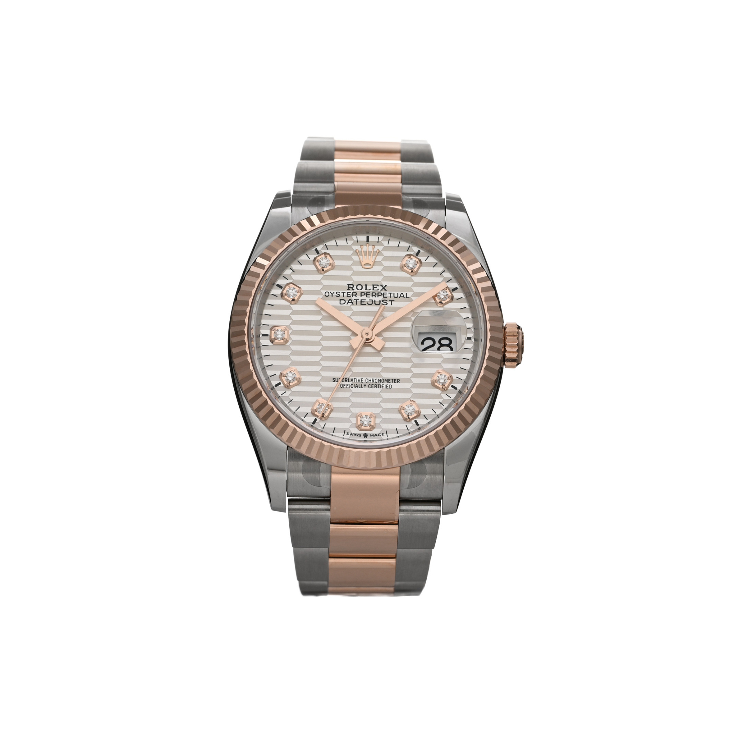 r*l*x stainless steel 18k everose gold Di*m*nd 36mm oyster perpetual datejust watch silver fluted 126231