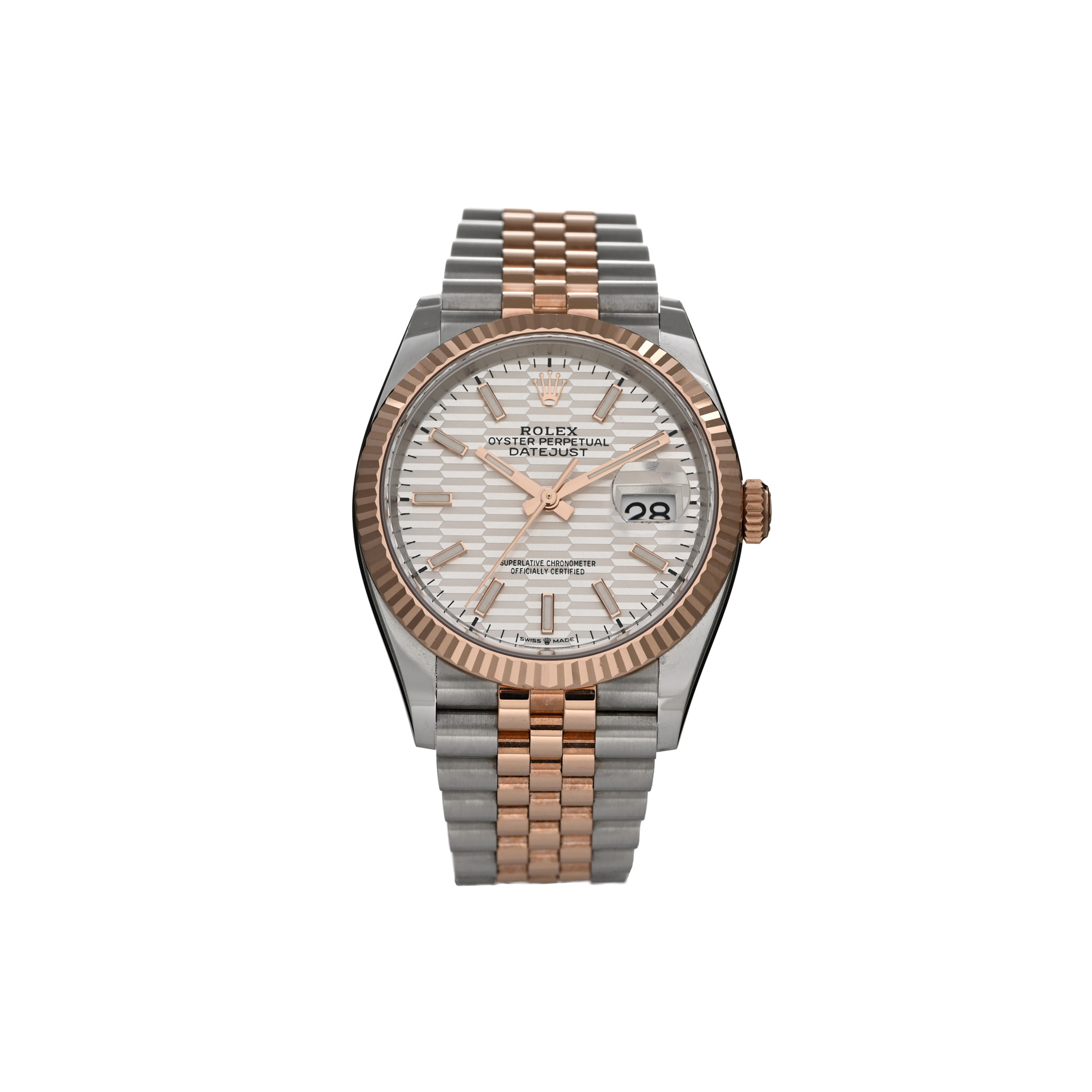 R*l*x stainless steel 18k everose gold 36mm oyster perpetual datejust watch silver fluted 126231