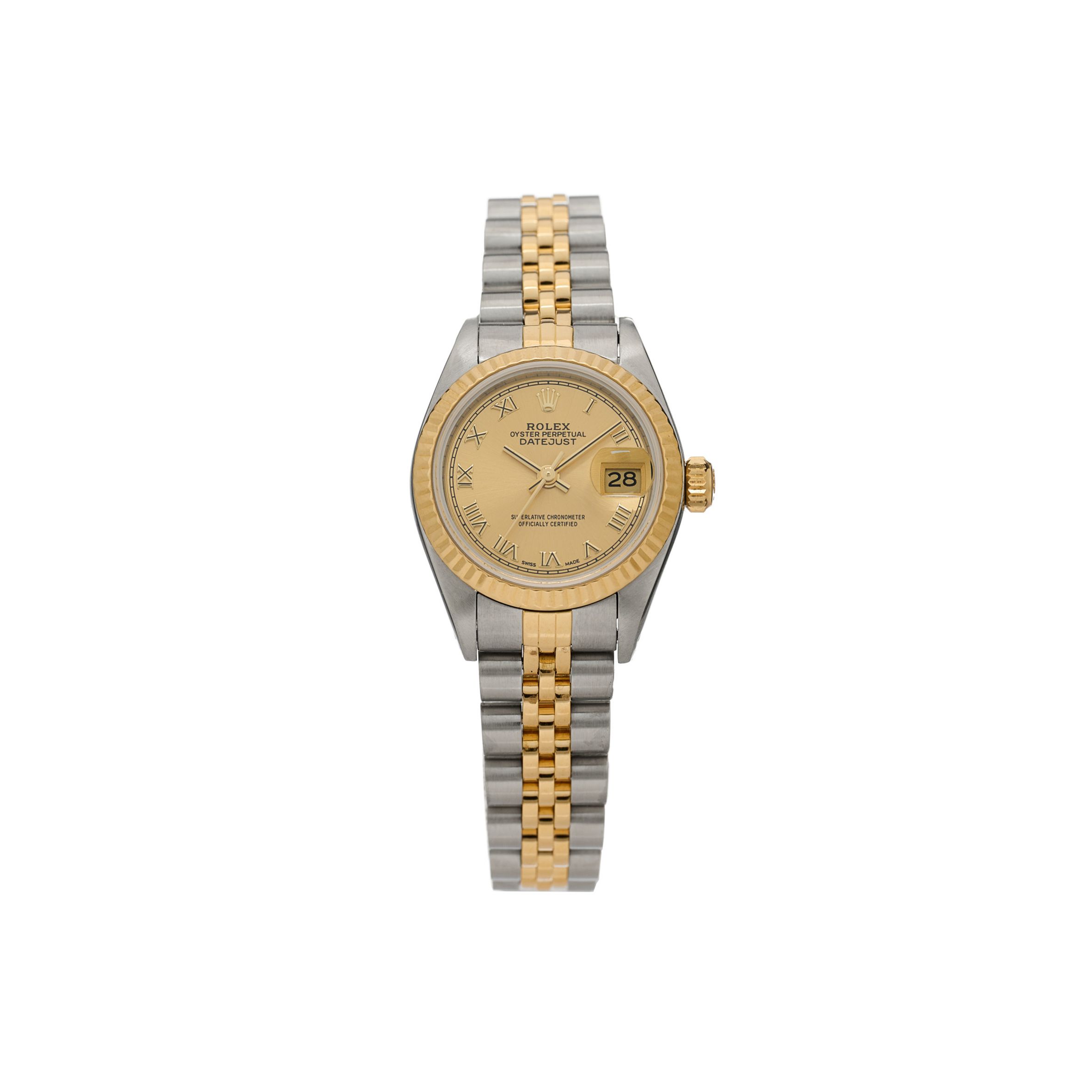 R*l*x stainless steel 18k yellow gold 26mm oyster perpetual datejust watch champagne roman 69173